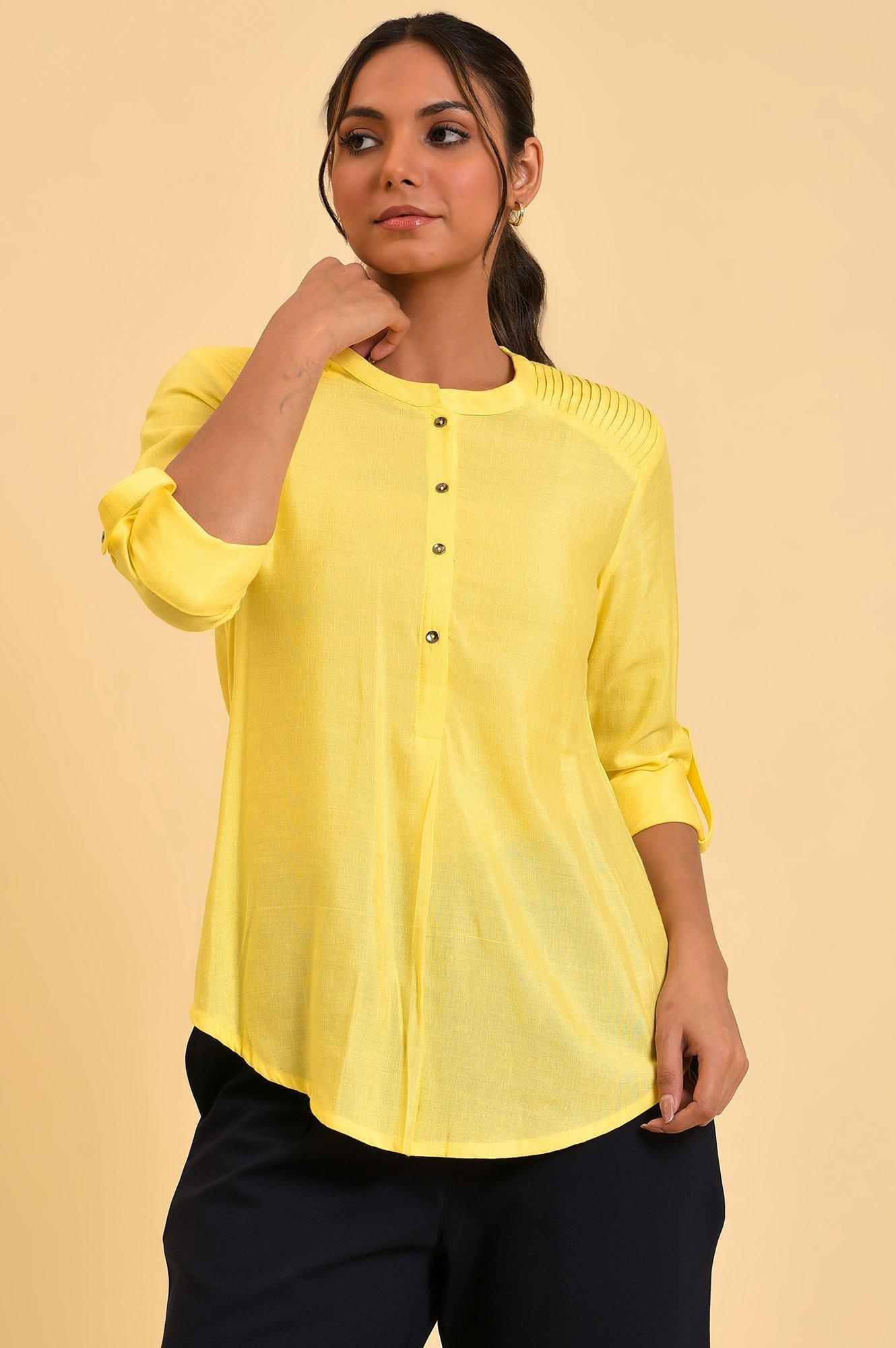 W for Woman Yellow Blue Cotton Flax Top  Grab2Buy WforWoman Grab2Buy