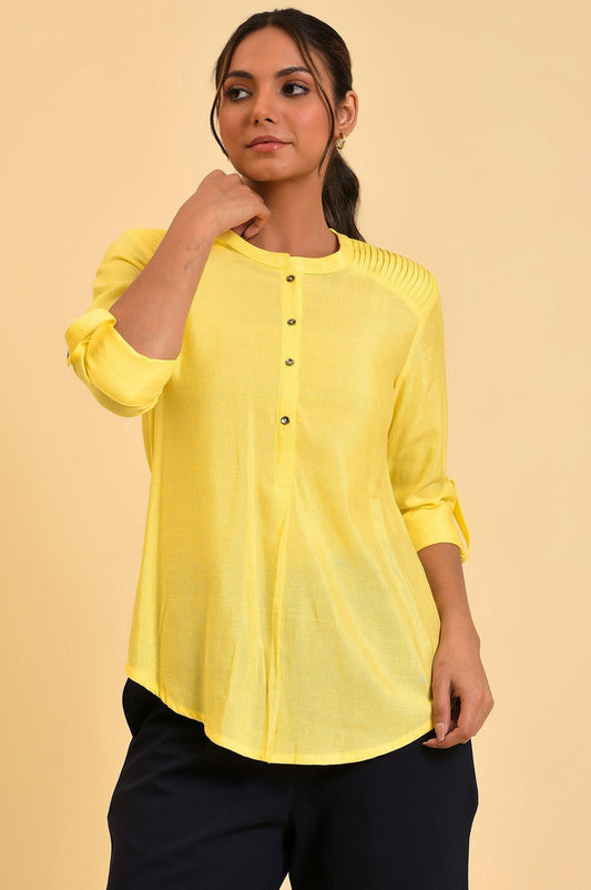W for Woman Yellow Blue Cotton Flax Top  Grab2Buy WforWoman Grab2Buy