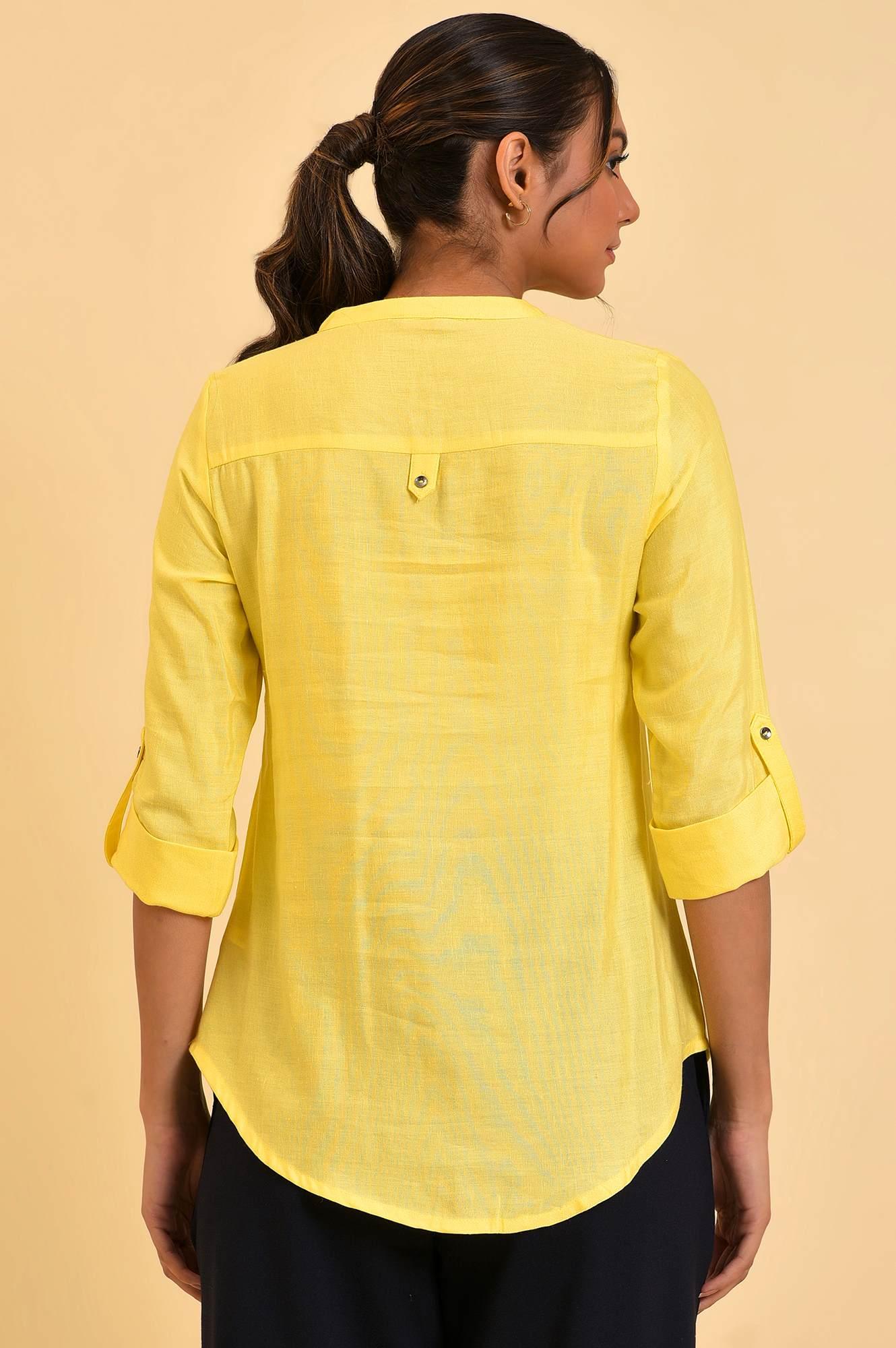 W for Woman Yellow Blue Cotton Flax Top  Grab2Buy WforWoman Grab2Buy