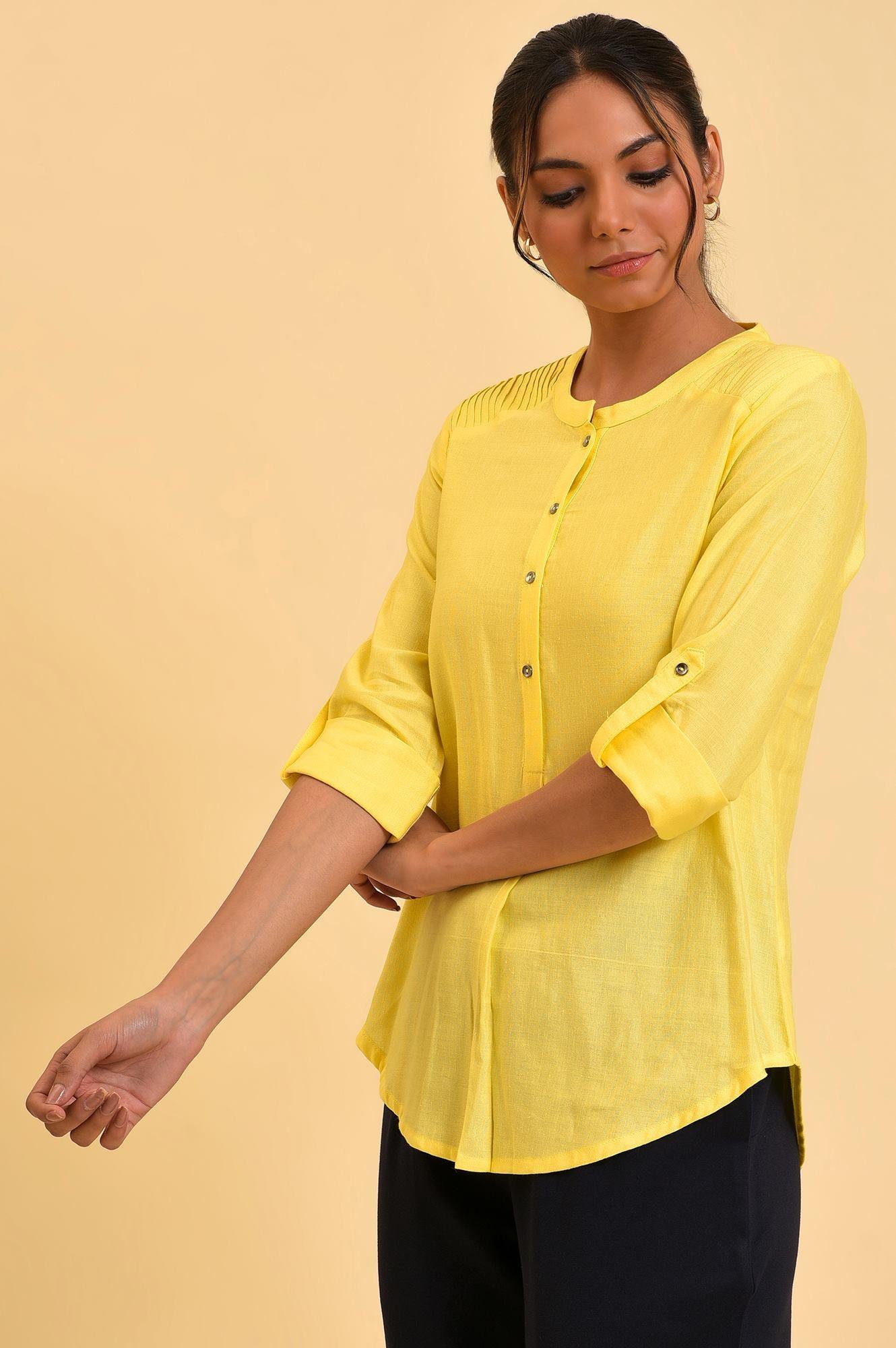W for Woman Yellow Blue Cotton Flax Top  Grab2Buy WforWoman Grab2Buy