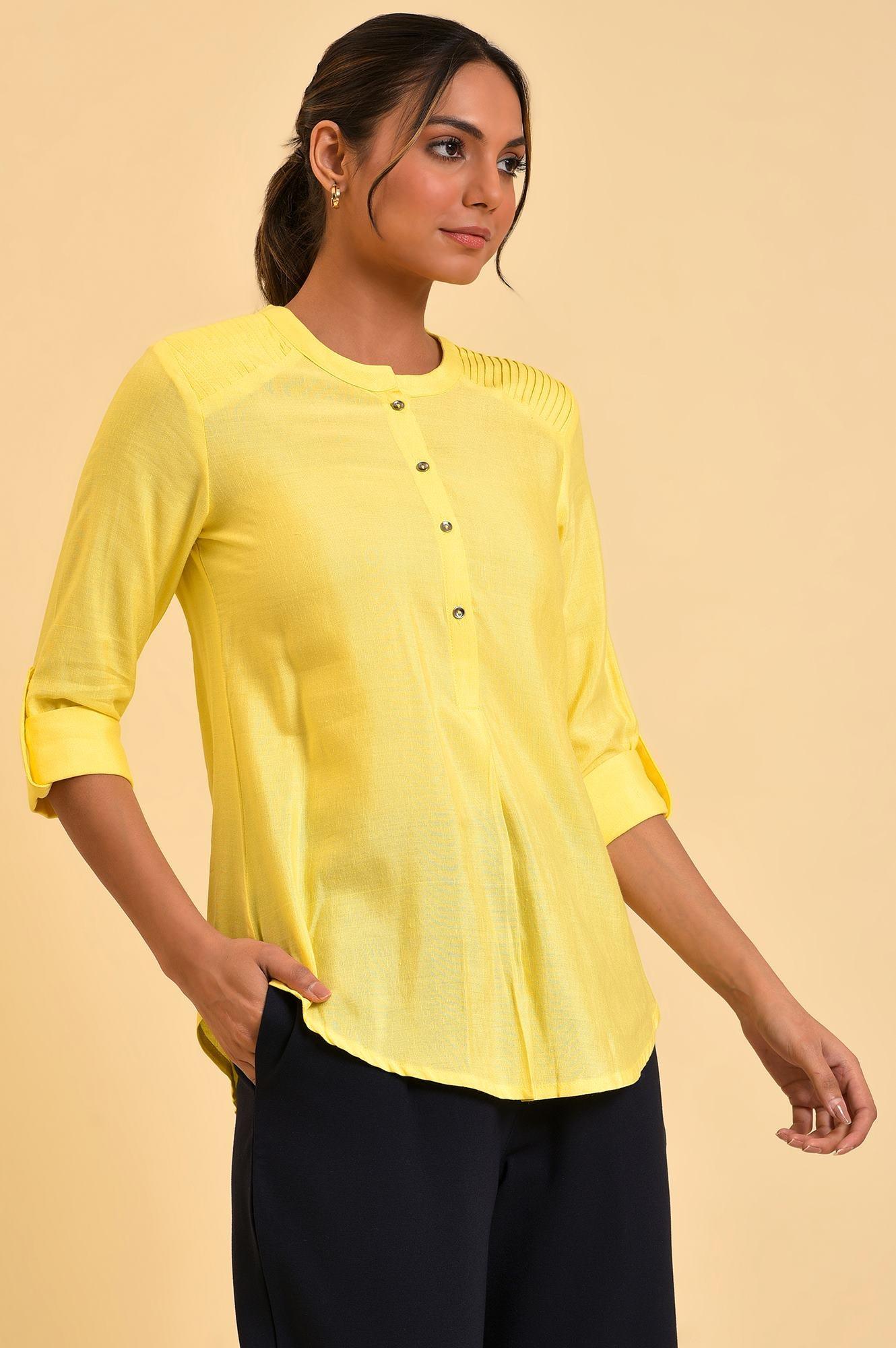 W for Woman Yellow Blue Cotton Flax Top  Grab2Buy WforWoman Grab2Buy
