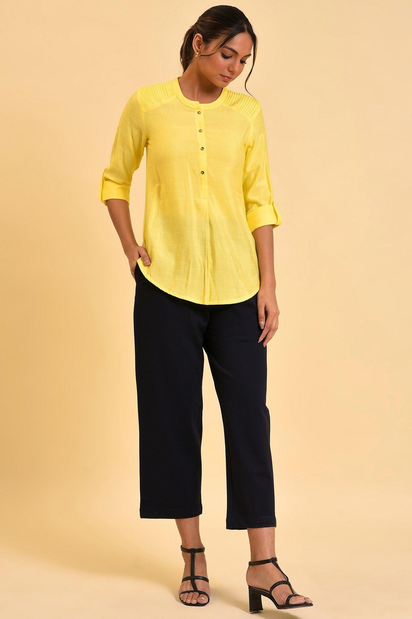 W for Woman Yellow Blue Cotton Flax Top  Grab2Buy WforWoman Grab2Buy