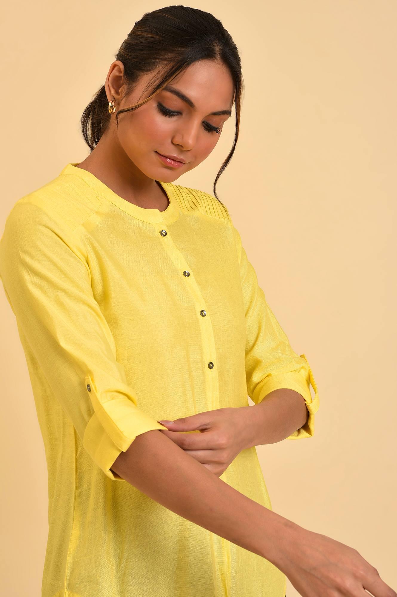 W for Woman Yellow Blue Cotton Flax Top  Grab2Buy WforWoman Grab2Buy