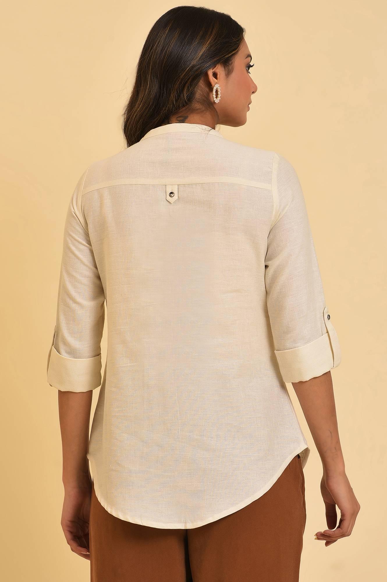 W for Woman White Blue Cotton Flax Top  Grab2Buy WforWoman Grab2Buy