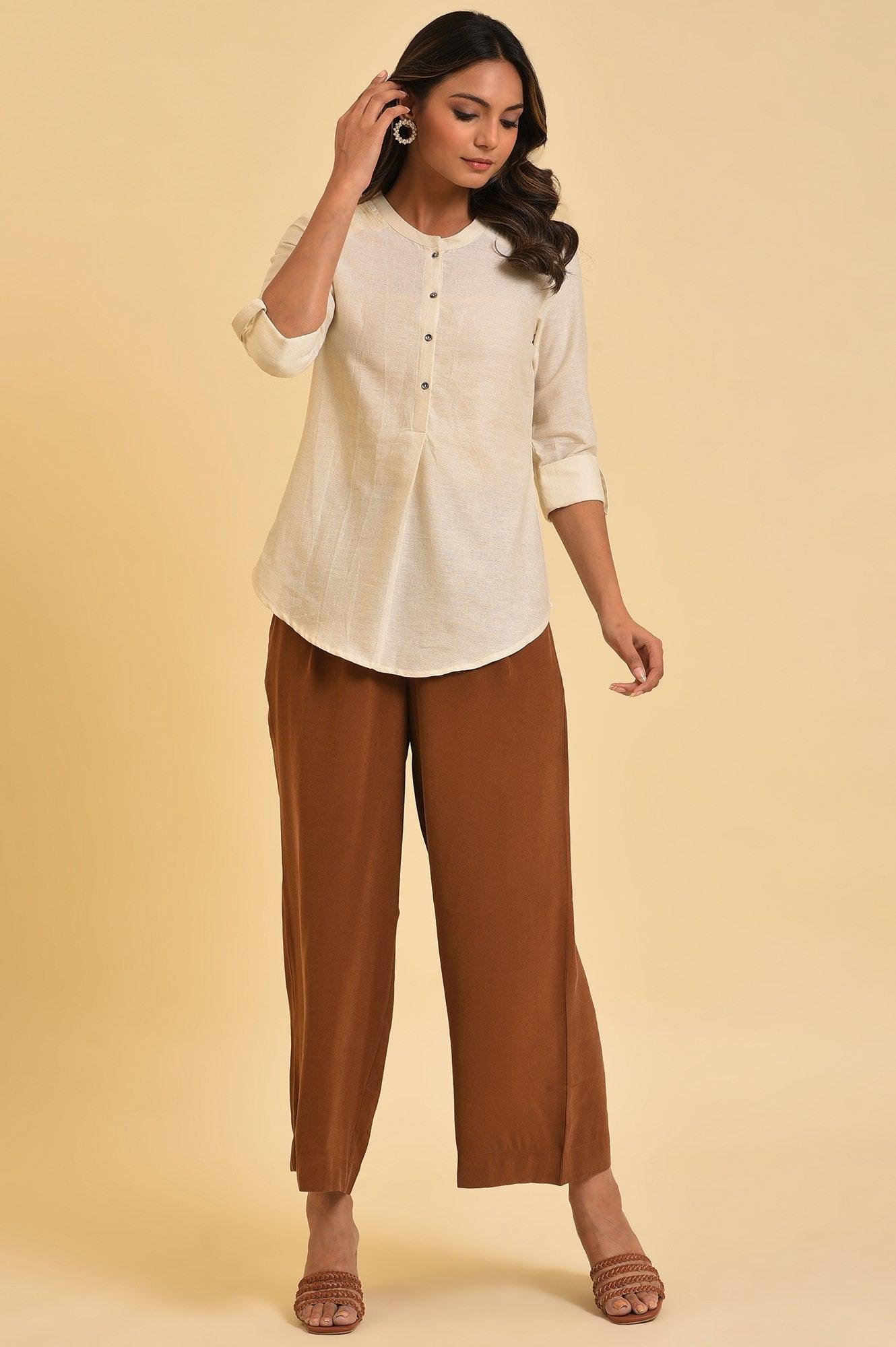 W for Woman White Blue Cotton Flax Top  Grab2Buy WforWoman Grab2Buy