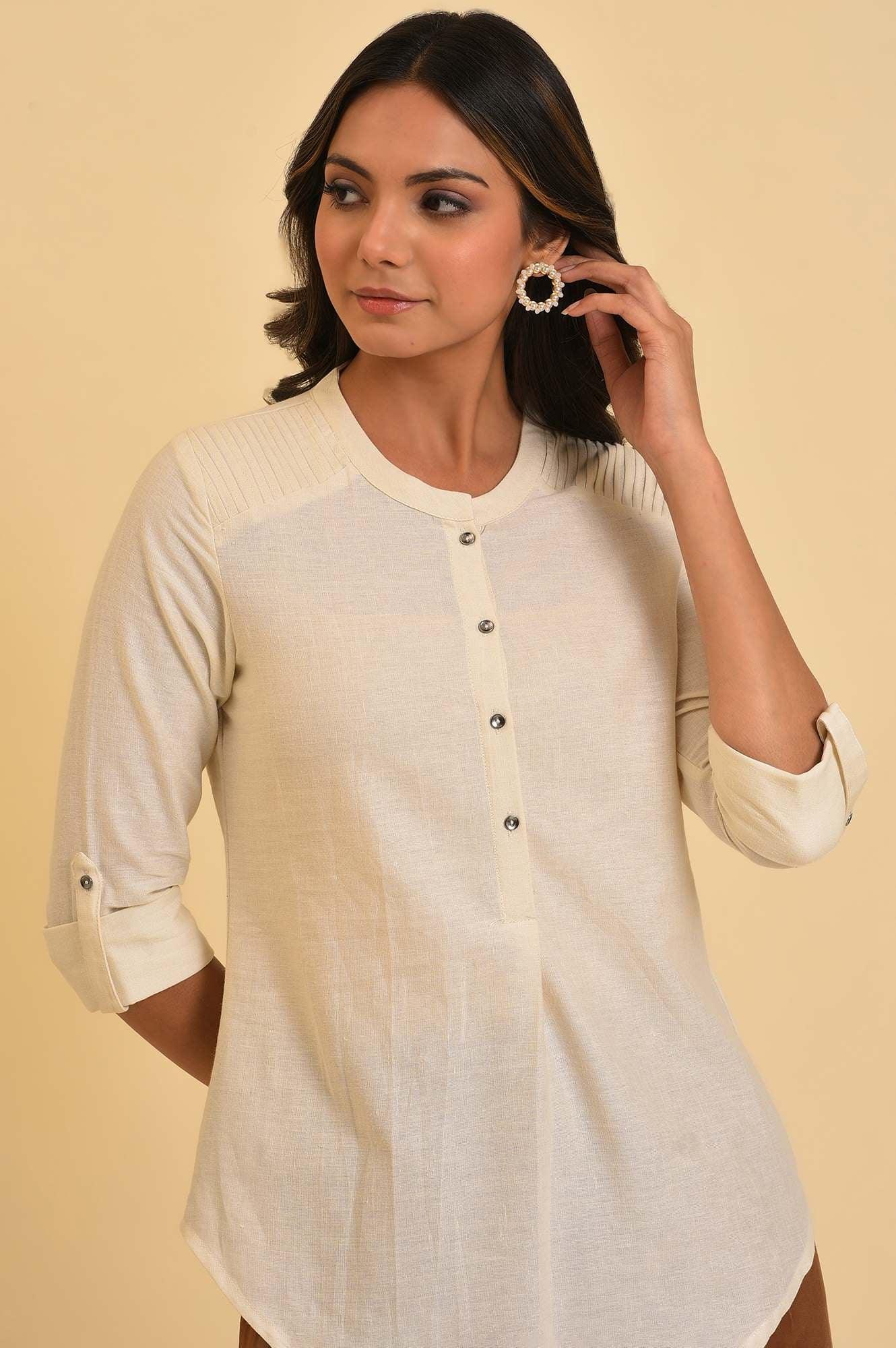 W for Woman White Blue Cotton Flax Top  Grab2Buy WforWoman Grab2Buy
