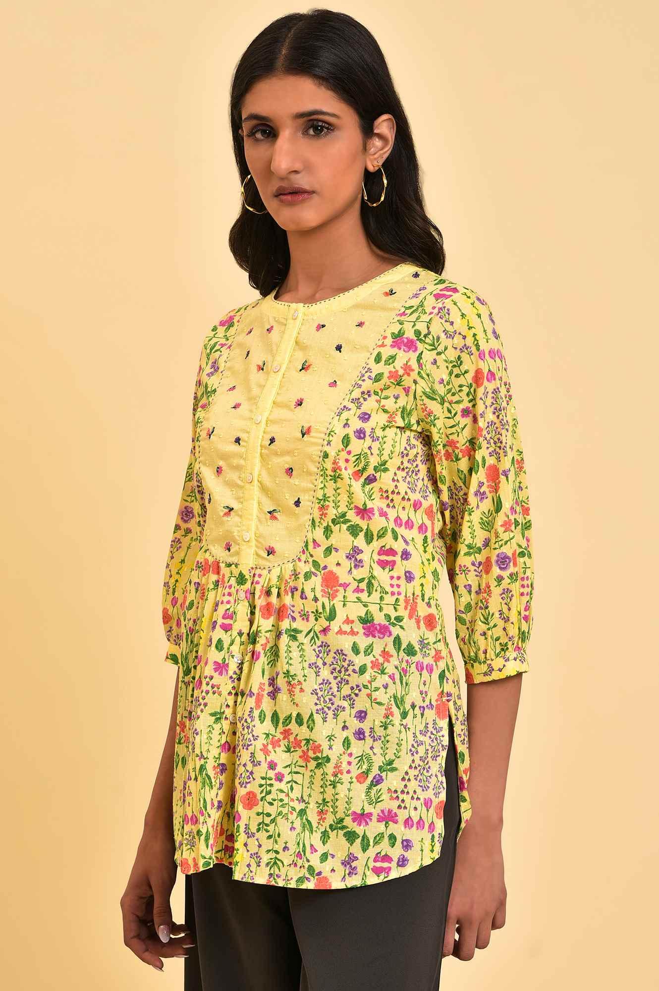 W for Woman Yellow Floral Printed Top With Thread Embroidery  Grab2Buy WforWoman Grab2Buy