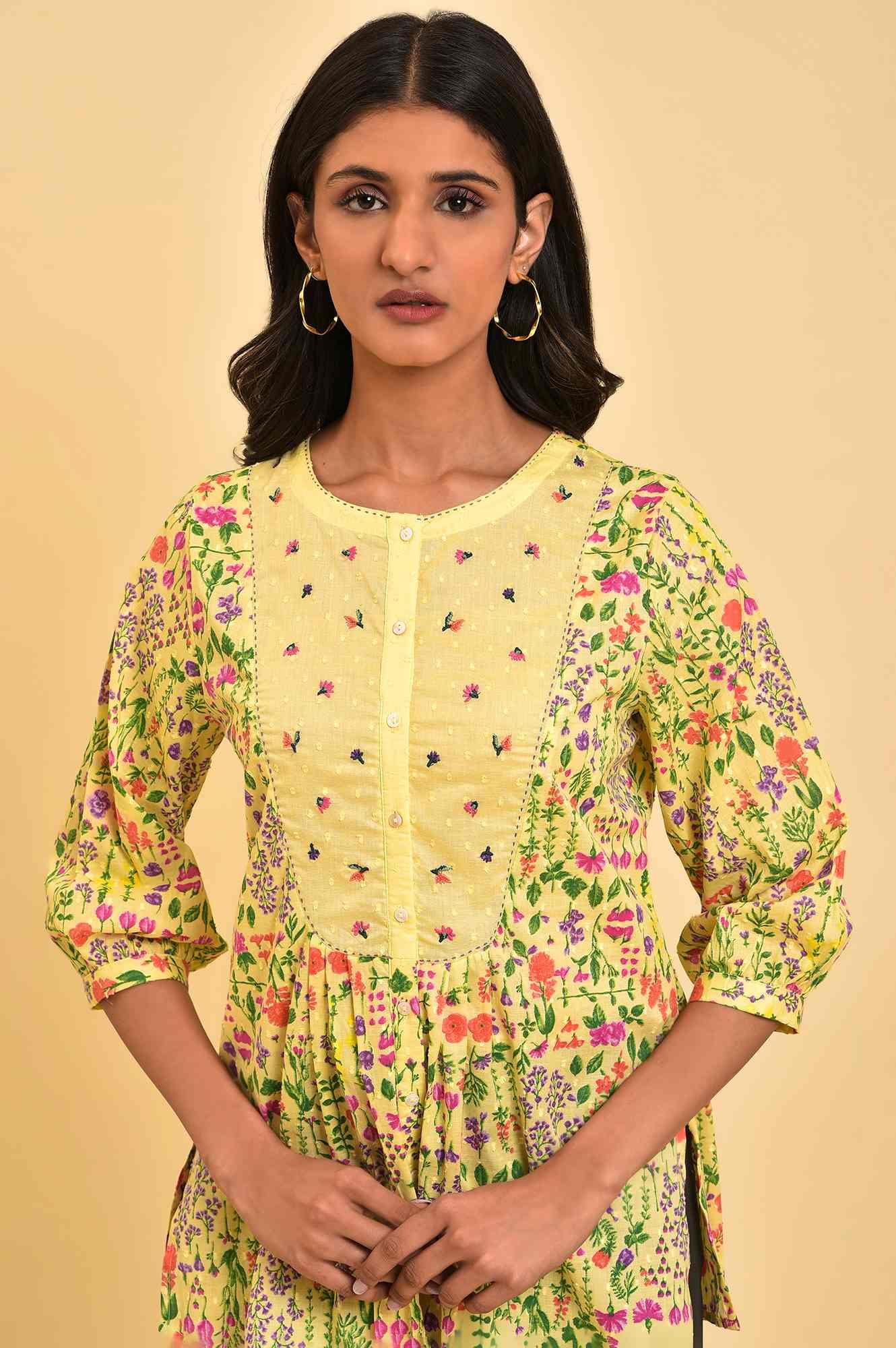W for Woman Yellow Floral Printed Top With Thread Embroidery  Grab2Buy WforWoman Grab2Buy