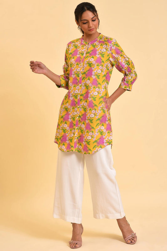 W for Woman Yellow Floral Printed Button Down Tunic  Grab2Buy WforWoman Grab2Buy