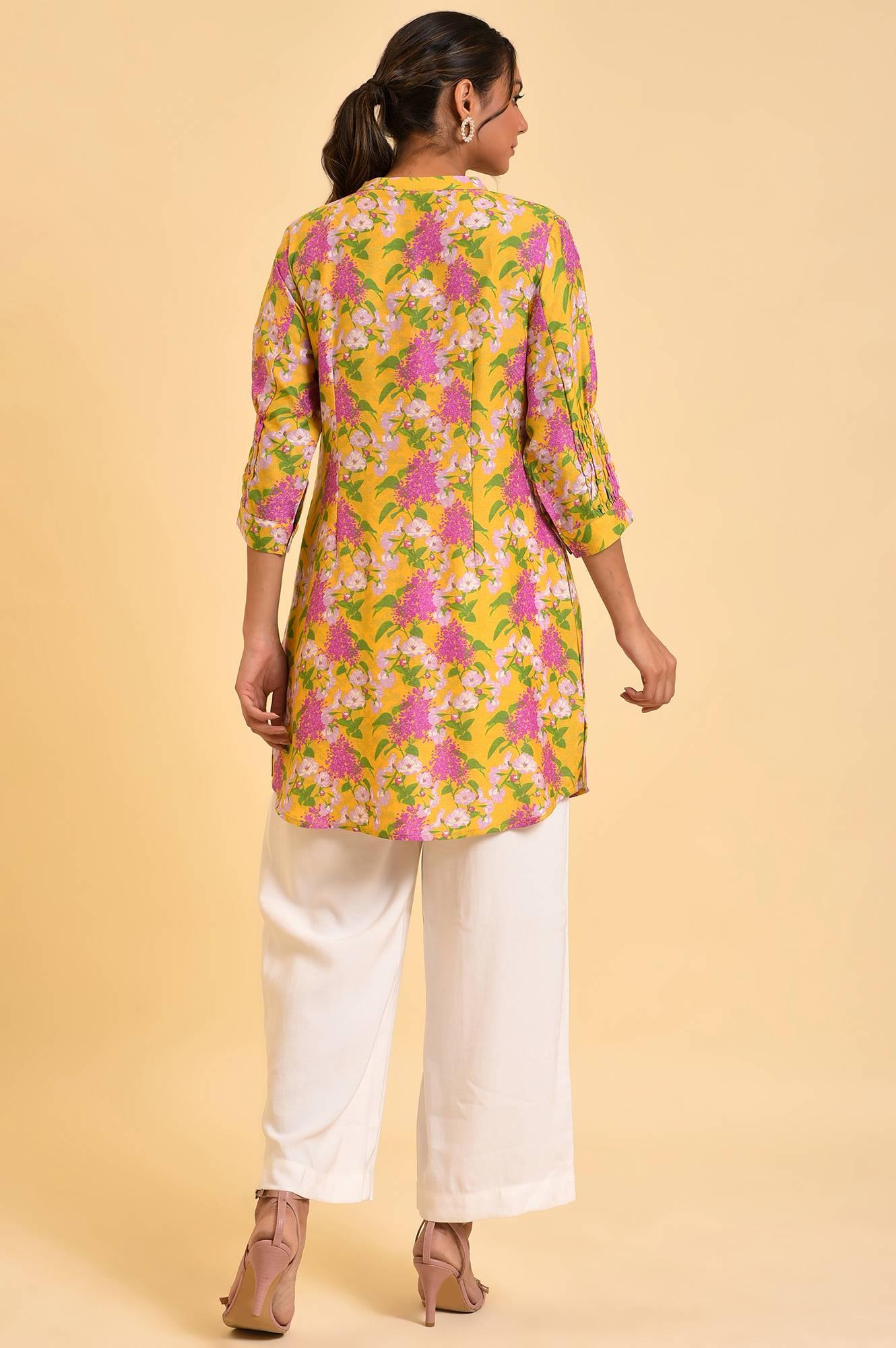 W for Woman Yellow Floral Printed Button Down Tunic  Grab2Buy WforWoman Grab2Buy