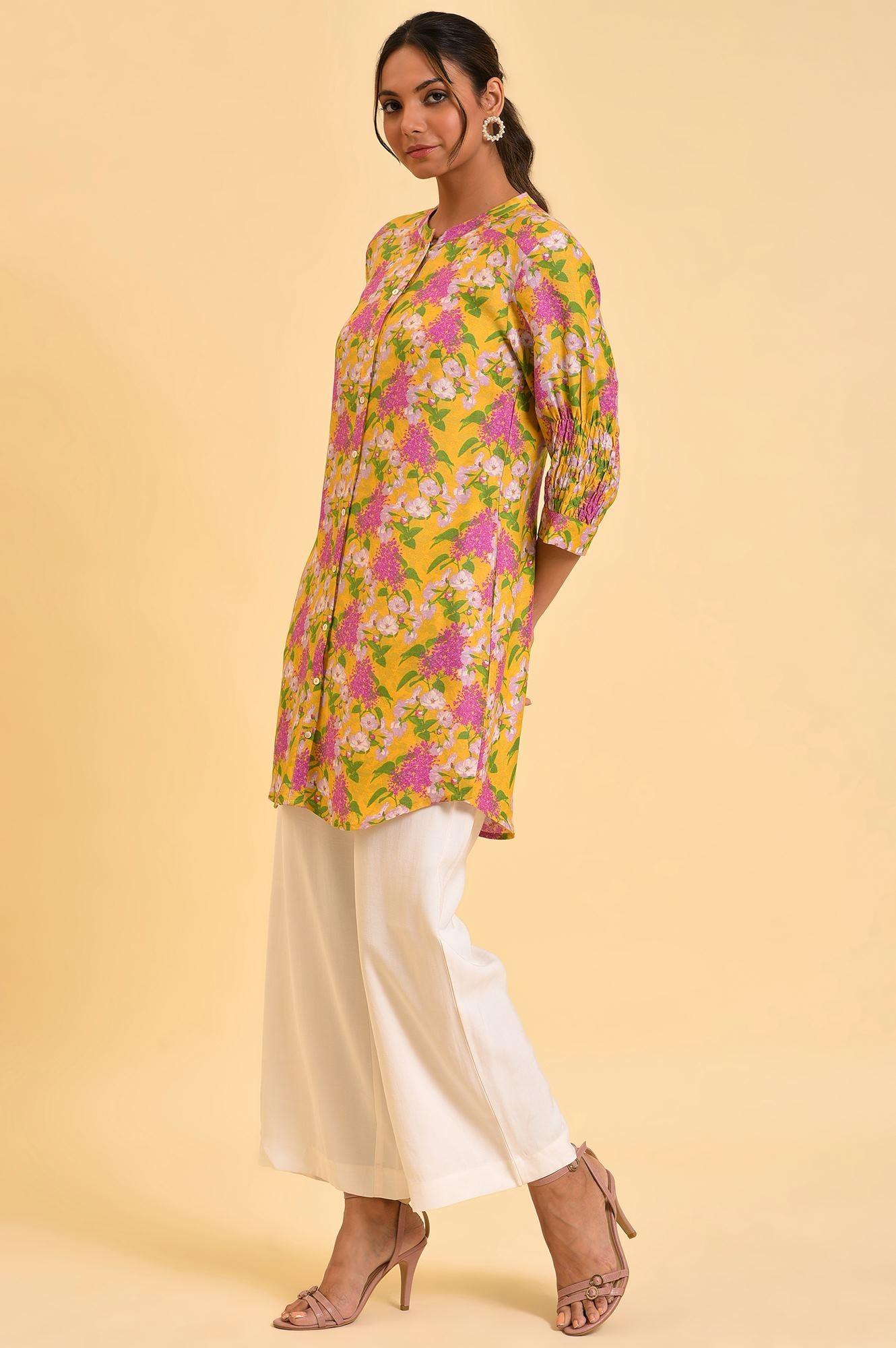 W for Woman Yellow Floral Printed Button Down Tunic  Grab2Buy WforWoman Grab2Buy