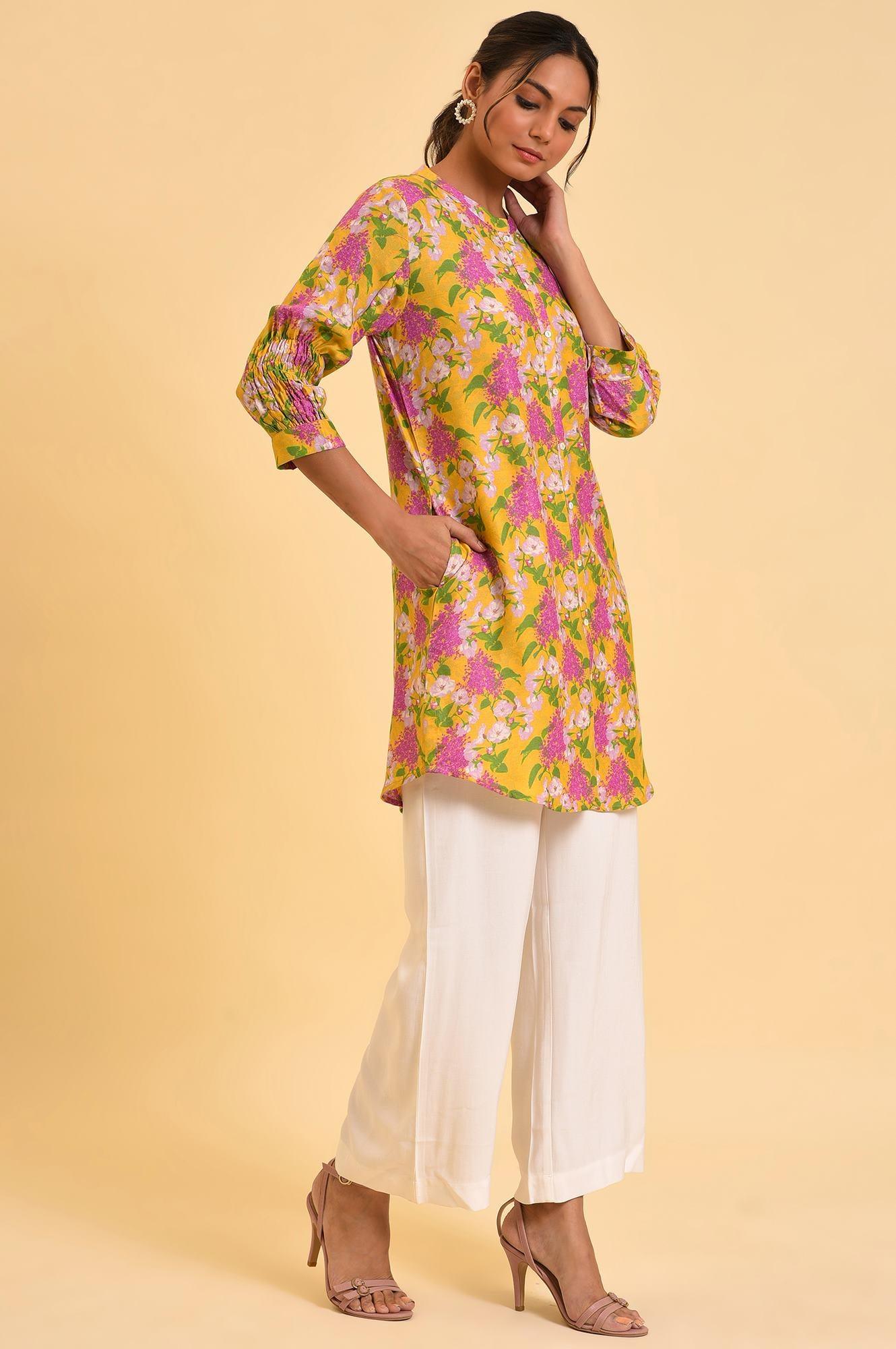 W for Woman Yellow Floral Printed Button Down Tunic  Grab2Buy WforWoman Grab2Buy