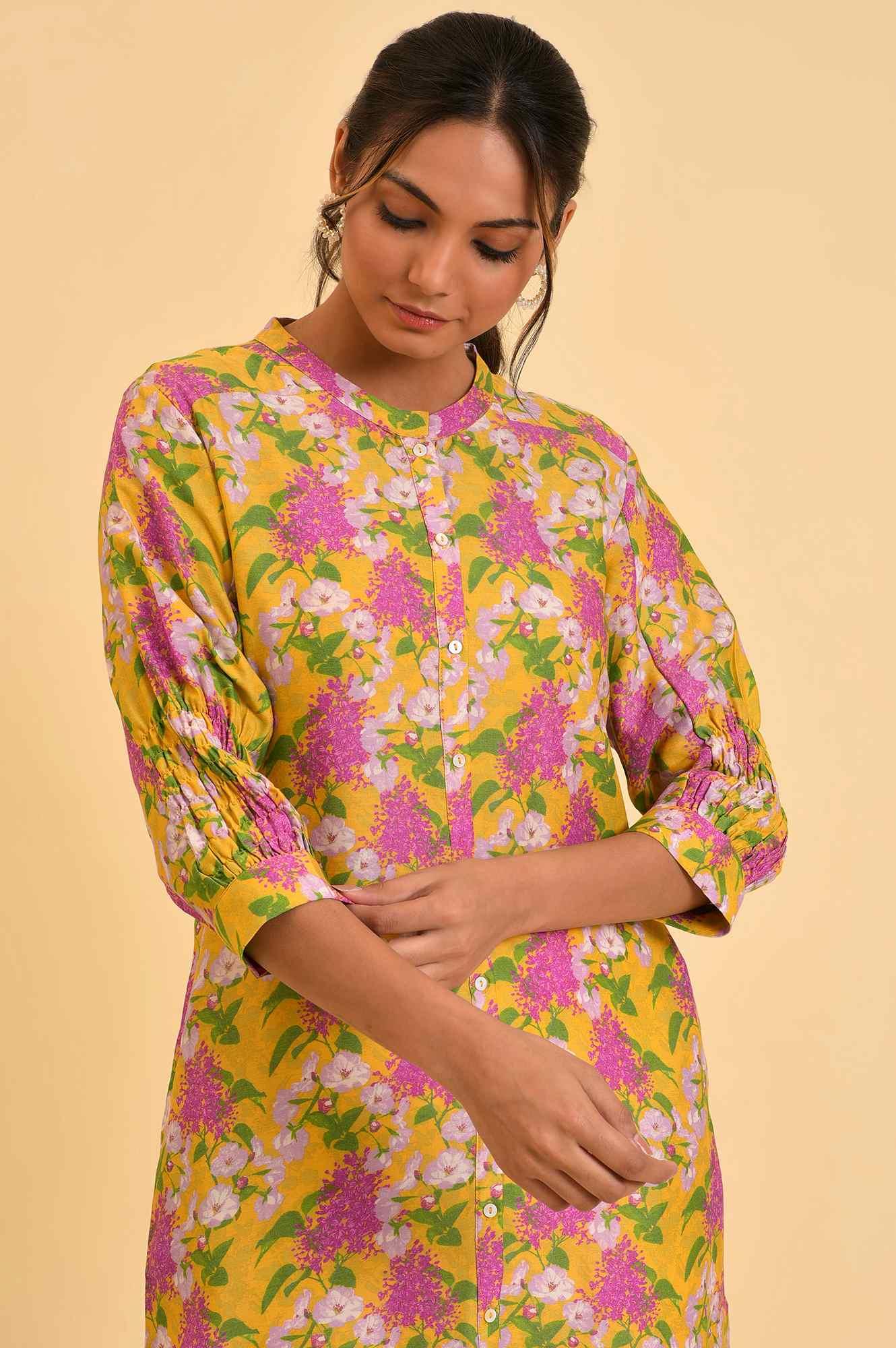 W for Woman Yellow Floral Printed Button Down Tunic  Grab2Buy WforWoman Grab2Buy