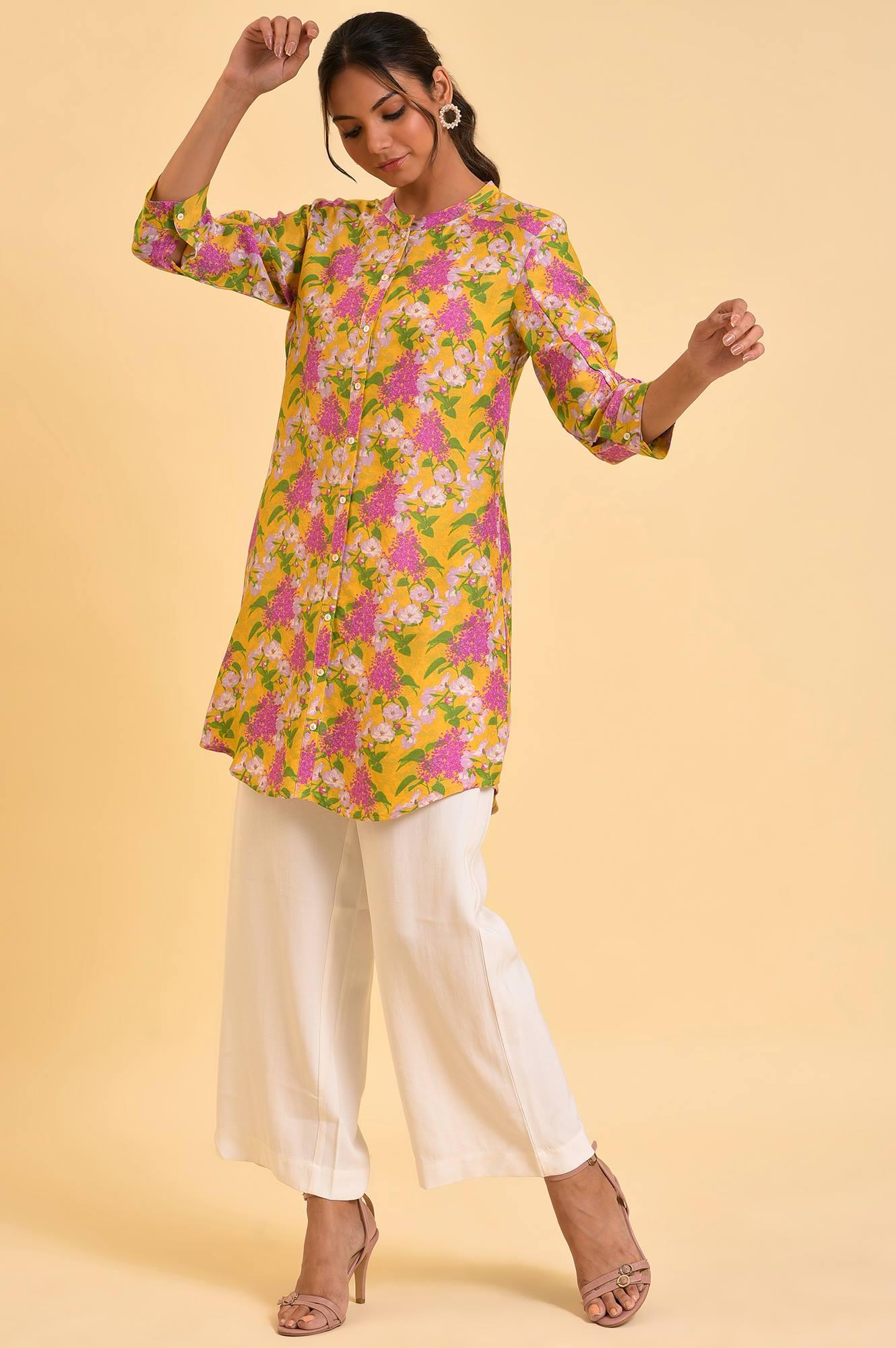 W for Woman Yellow Floral Printed Button Down Tunic  Grab2Buy WforWoman Grab2Buy