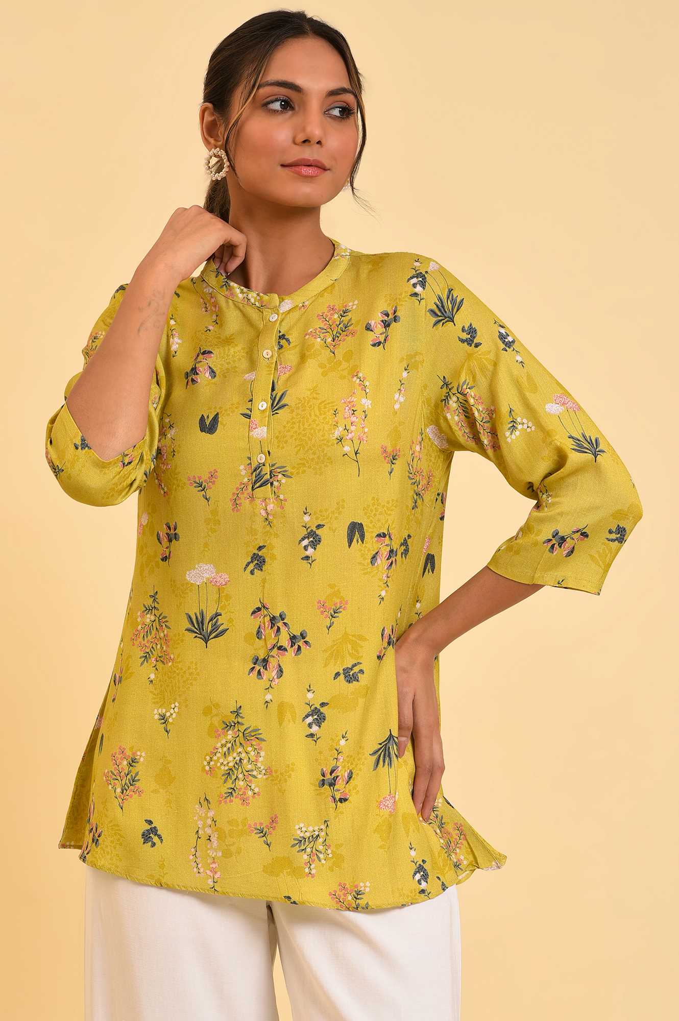 W for Woman Yellow Floral Straight Top  Grab2Buy WforWoman Grab2Buy