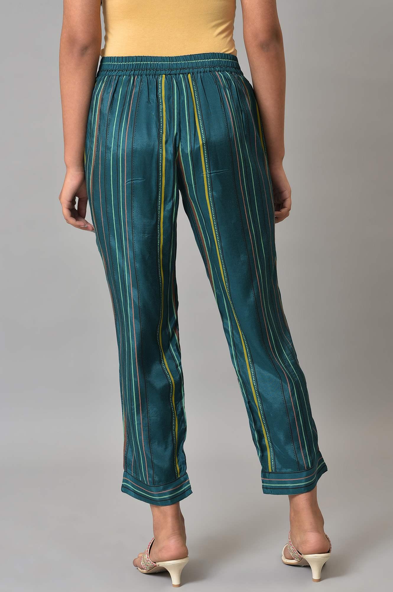 W for Woman Teal Multi-Coloured Stripe Print Pants