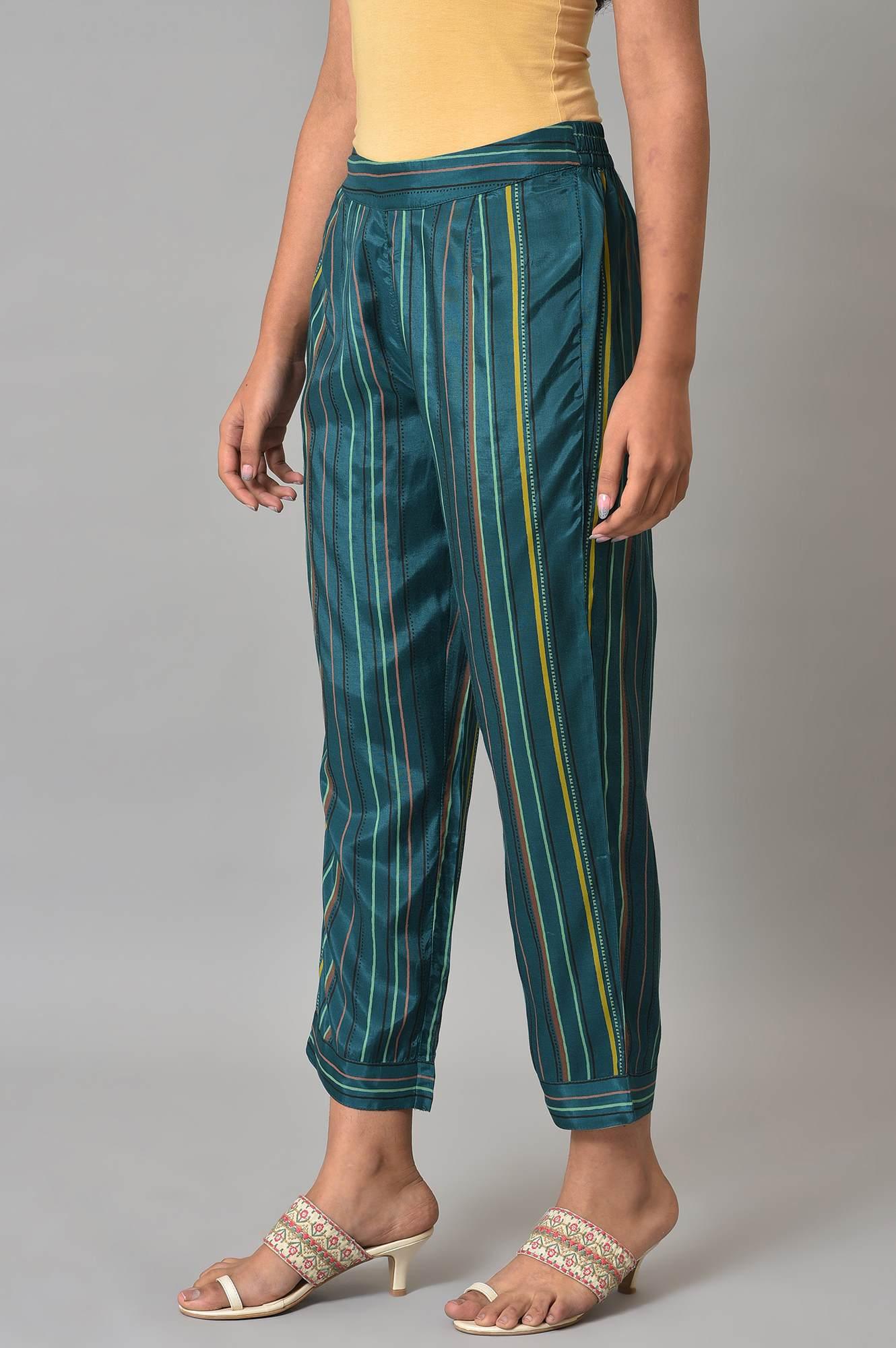 W for Woman Teal Multi-Coloured Stripe Print Pants