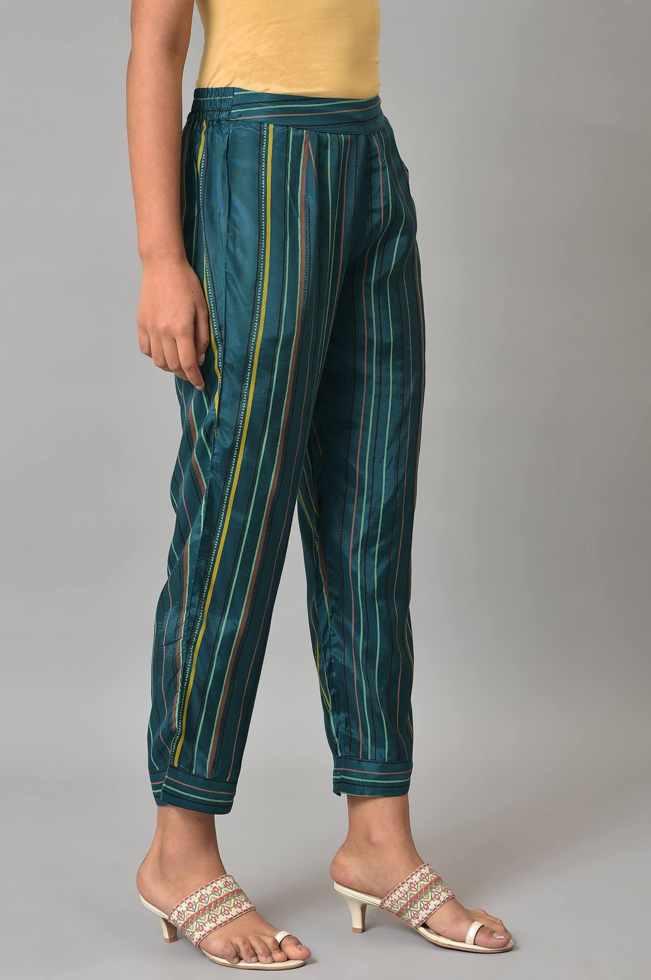 W for Woman Teal Multi-Coloured Stripe Print Pants