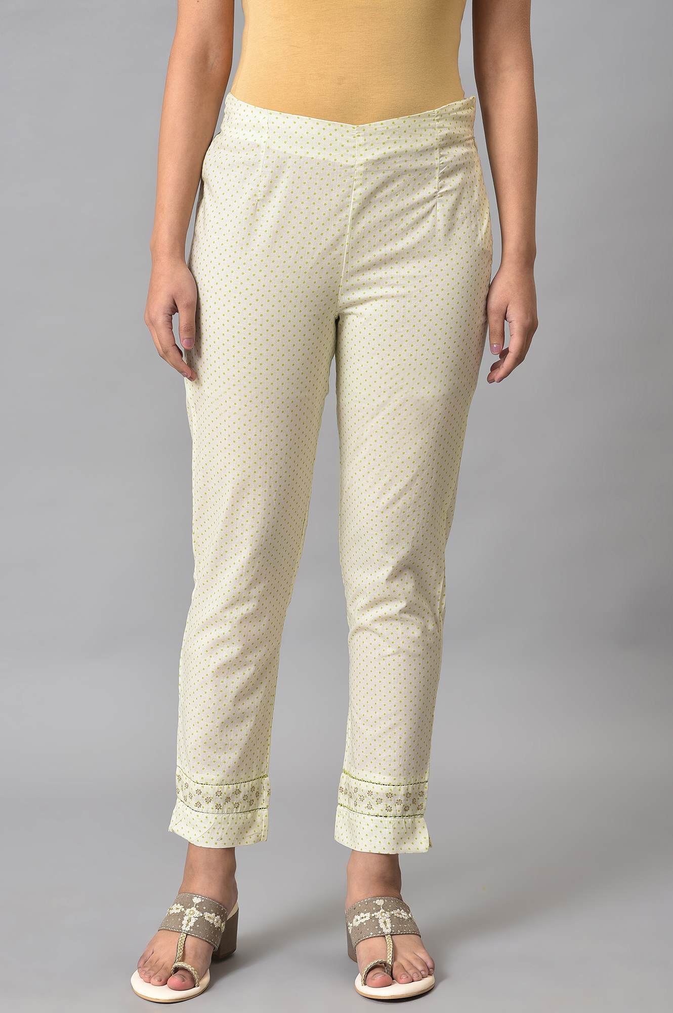 W for Woman Ecru Green Dotted Plus Size Slim Pants