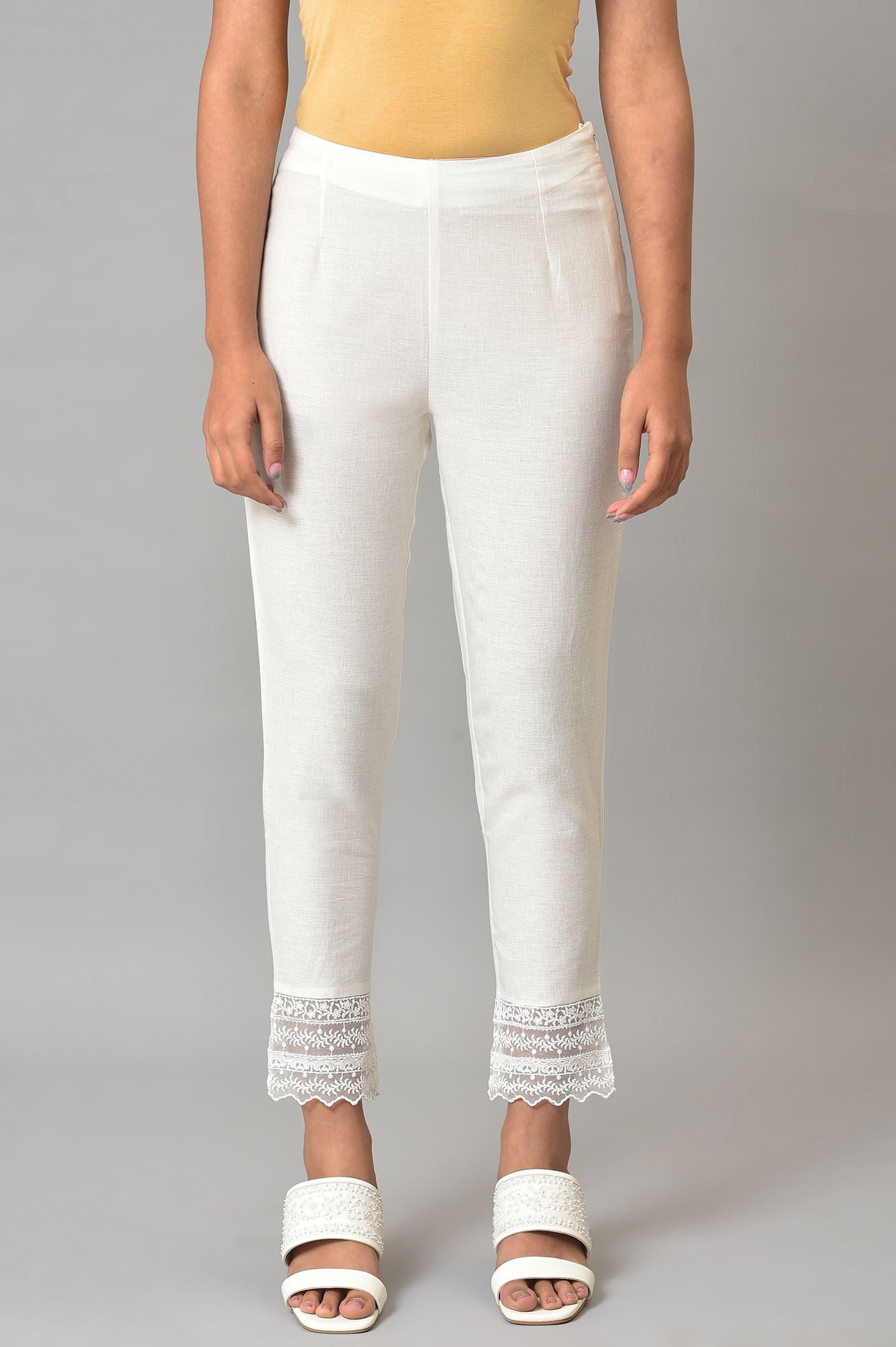 W for Woman White Lace Trim Cotton Slim Pant  Grab2Buy WforWoman Grab2Buy