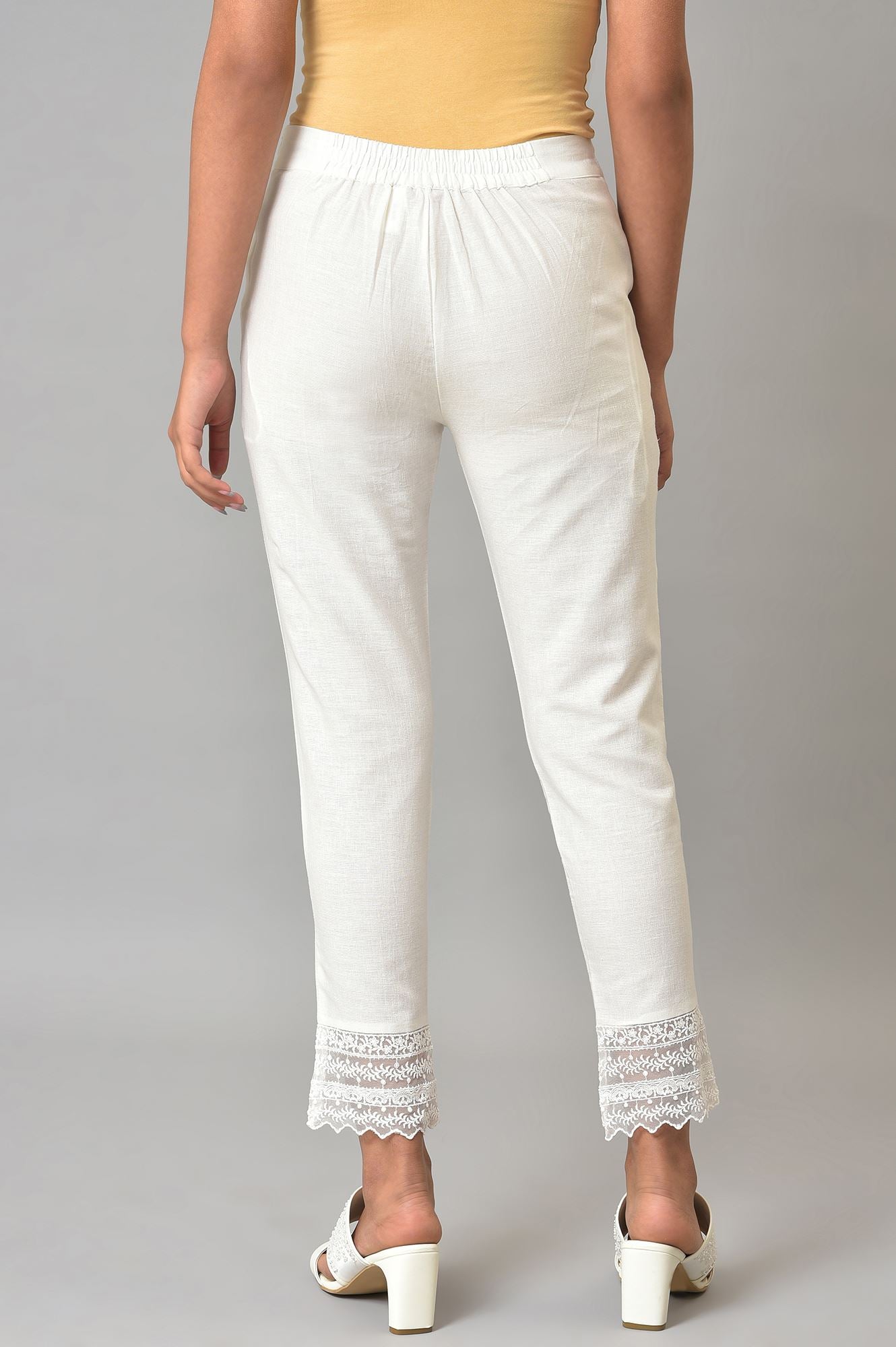 W for Woman White Lace Trim Cotton Slim Pant  Grab2Buy WforWoman Grab2Buy