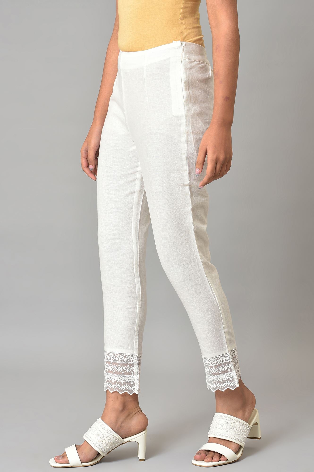 W for Woman White Lace Trim Cotton Slim Pant  Grab2Buy WforWoman Grab2Buy
