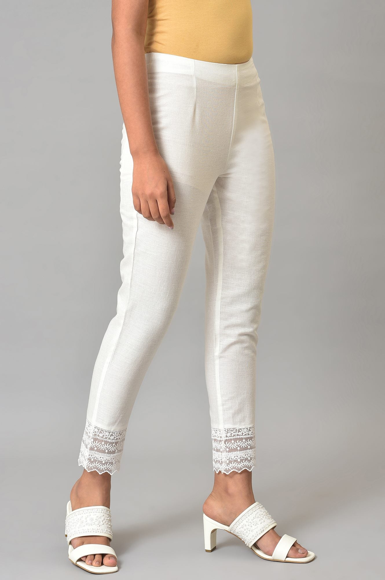 W for Woman White Lace Trim Cotton Slim Pant  Grab2Buy WforWoman Grab2Buy
