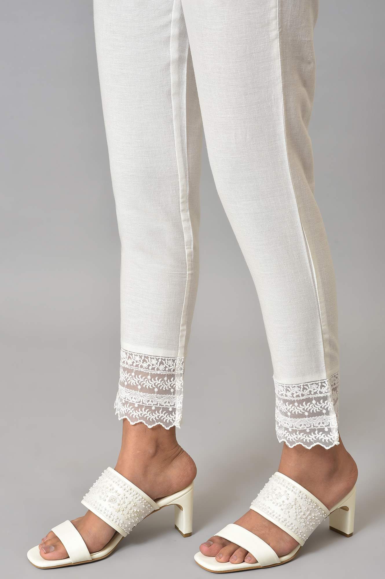 W for Woman White Lace Trim Cotton Slim Pant  Grab2Buy WforWoman Grab2Buy