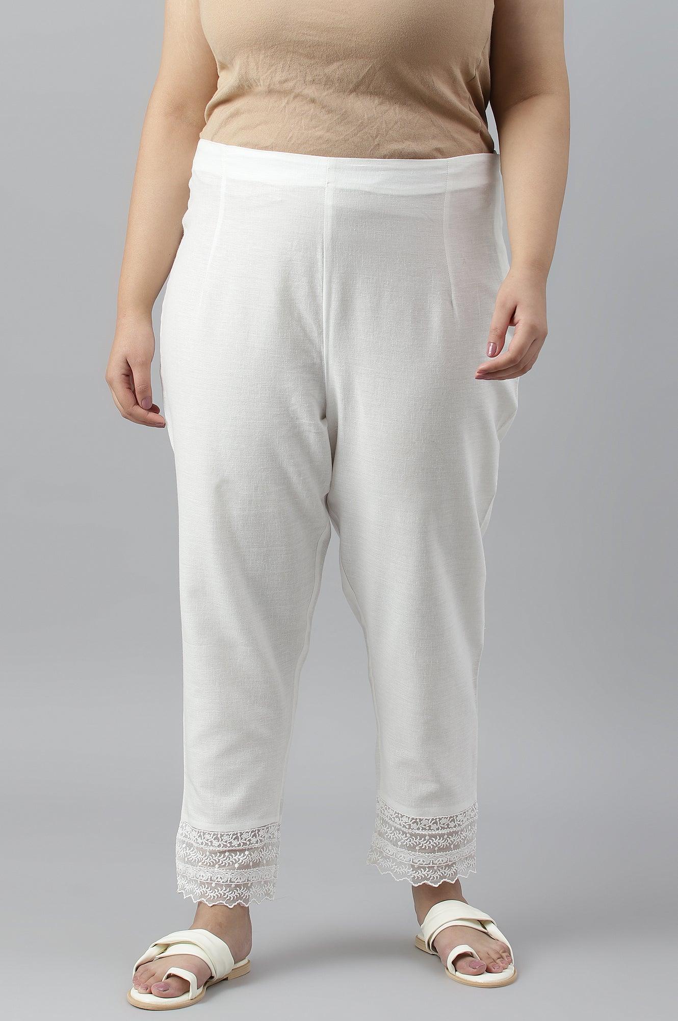 W for Woman Ecru Slim Pants With Lace Hemline