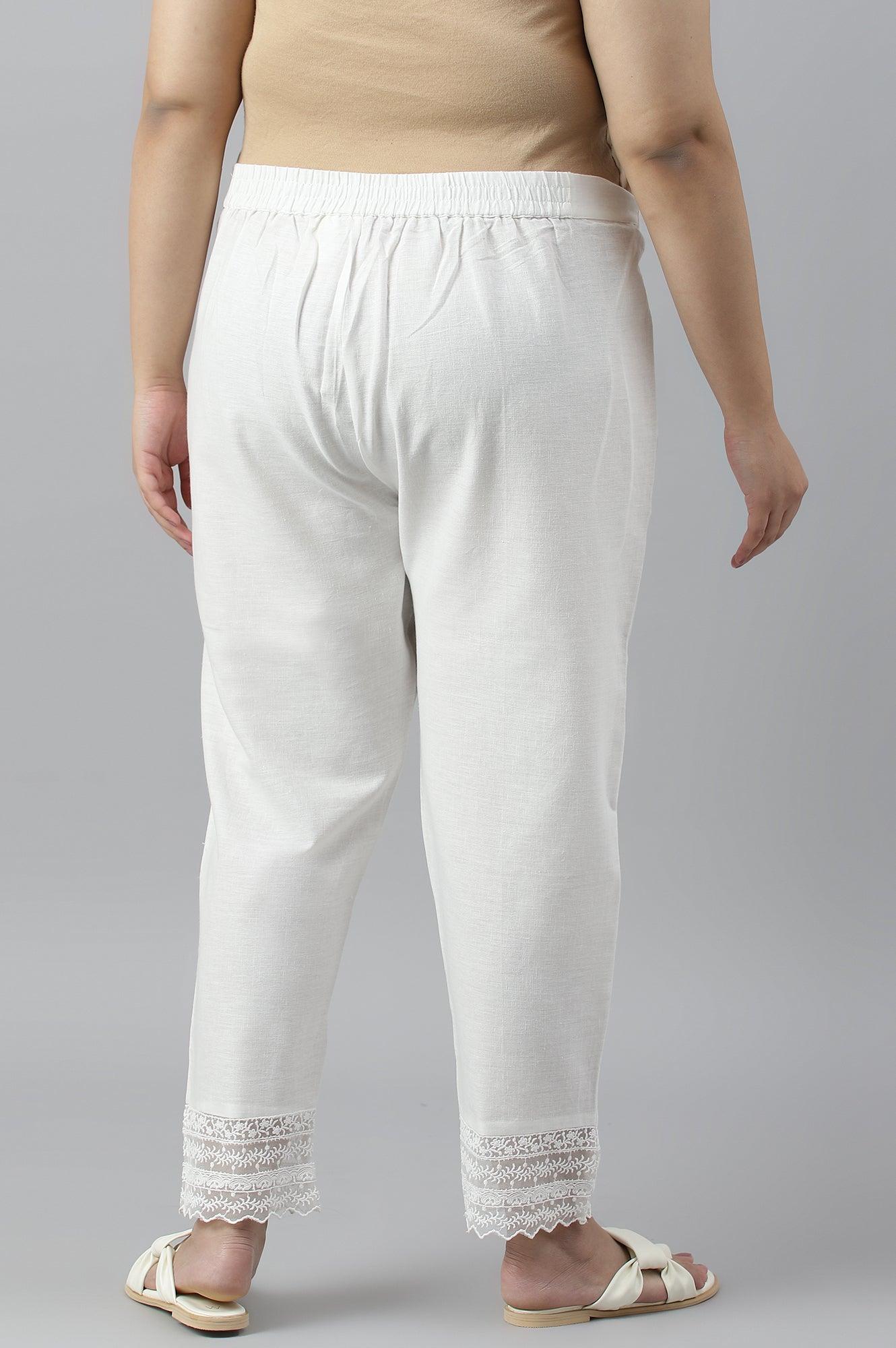 W for Woman Ecru Slim Pants With Lace Hemline