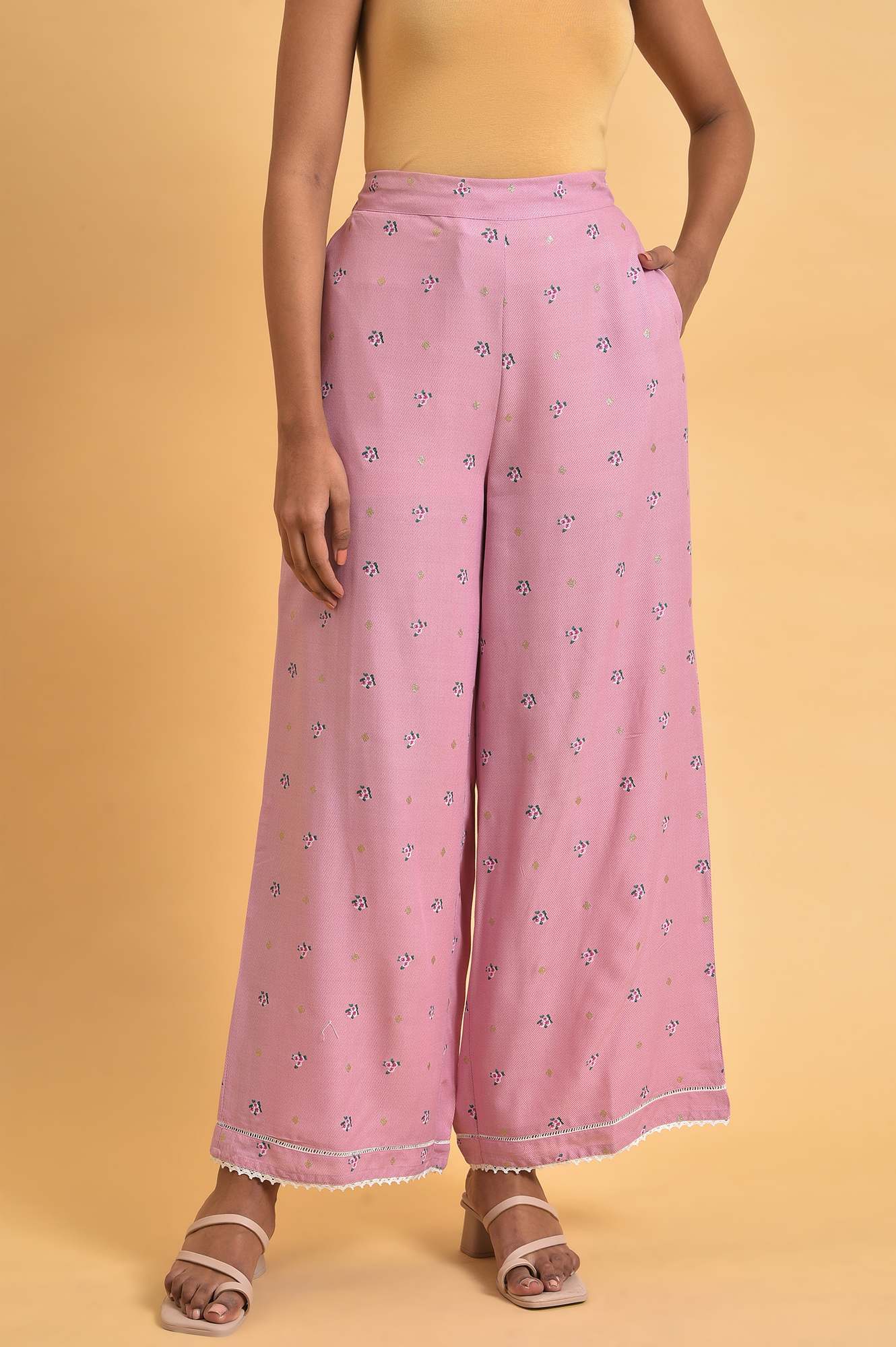 W for Woman Light Purple Floral Printed Parallel Pants