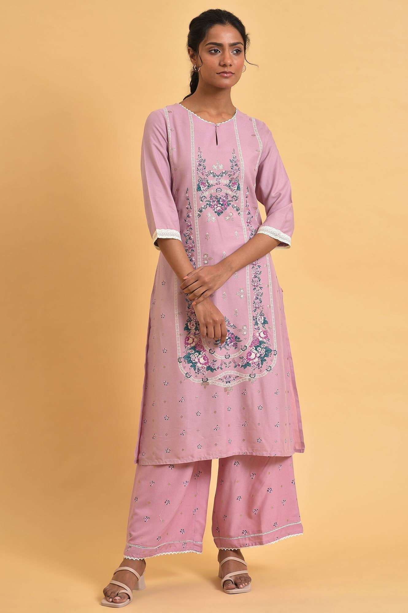 W for Woman Light Purple Floral Printed Parallel Pants