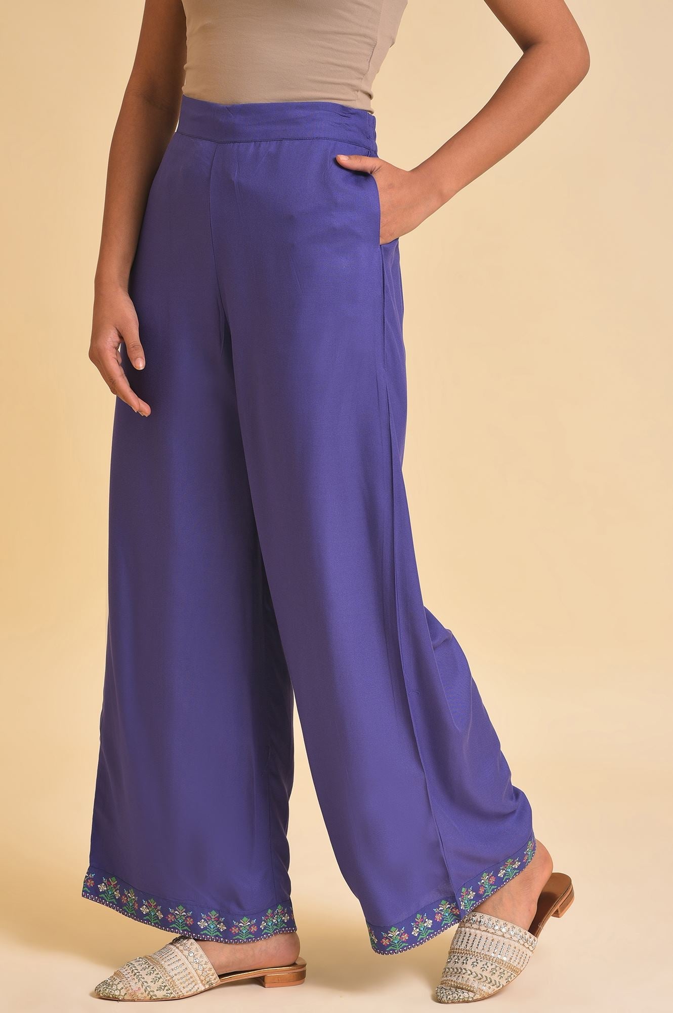 W for Woman Purple Floral Printed Sequins Georgette Straight Kurta and Parallel Pant Set
