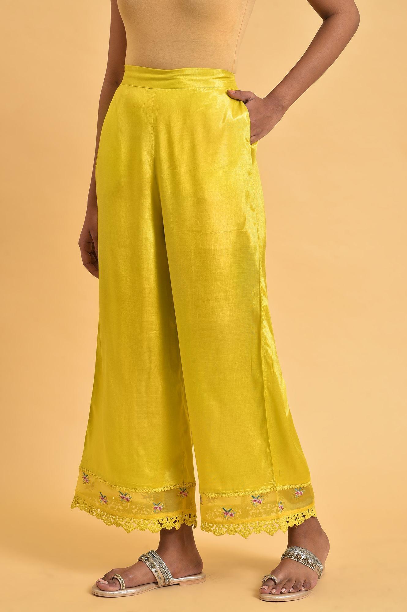 W for Woman Yellow Parallel Pants With Lace And Embroidery  Grab2Buy WforWoman Grab2Buy