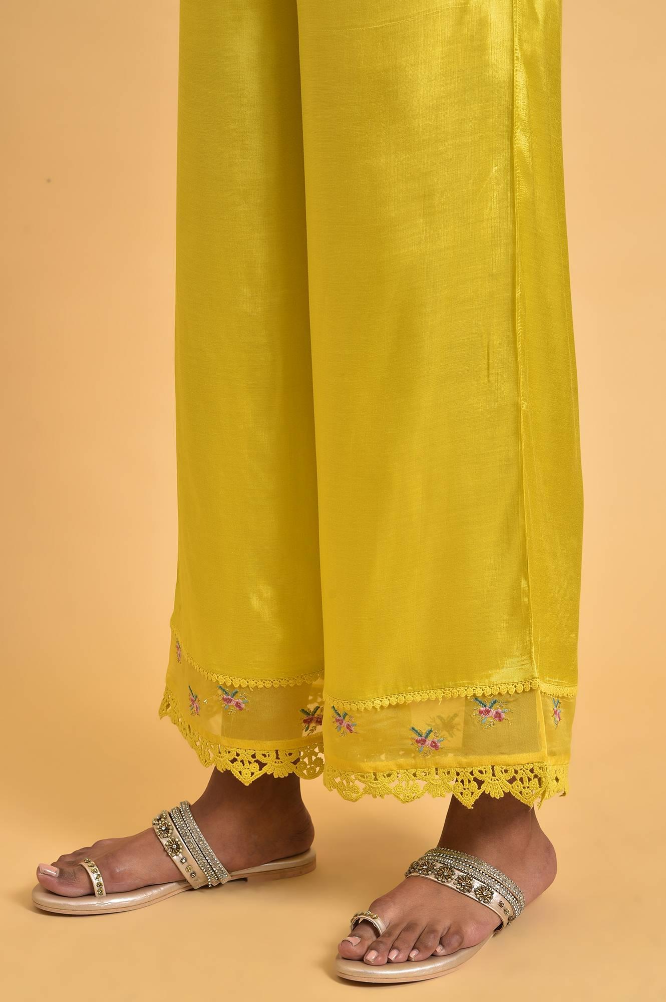 W for Woman Yellow Parallel Pants With Lace And Embroidery  Grab2Buy WforWoman Grab2Buy