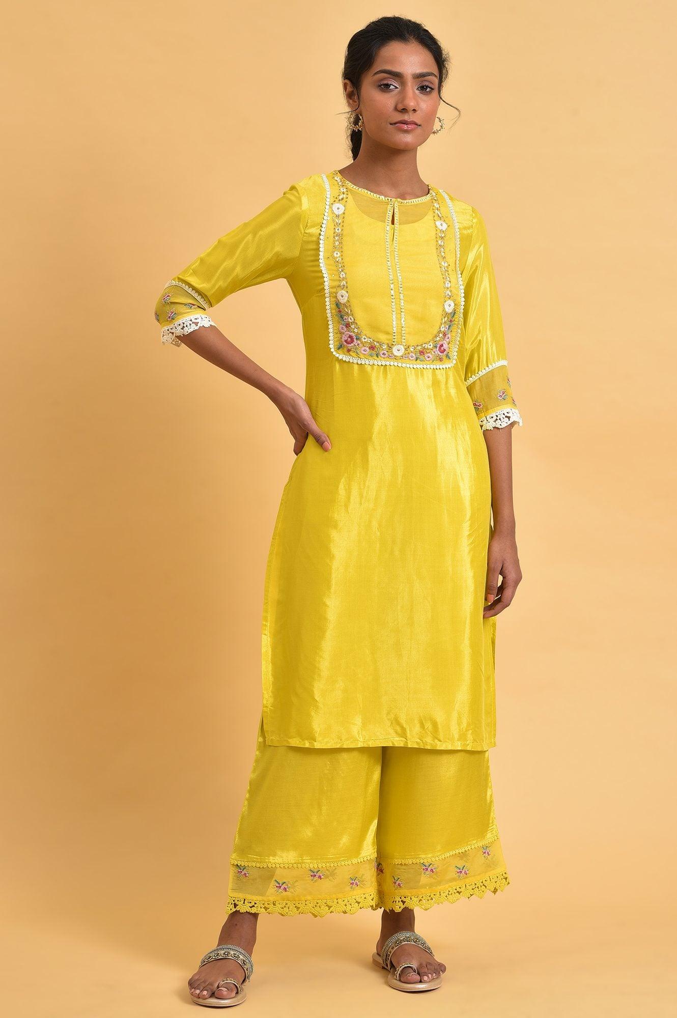W for Woman Yellow Parallel Pants With Lace And Embroidery  Grab2Buy WforWoman Grab2Buy