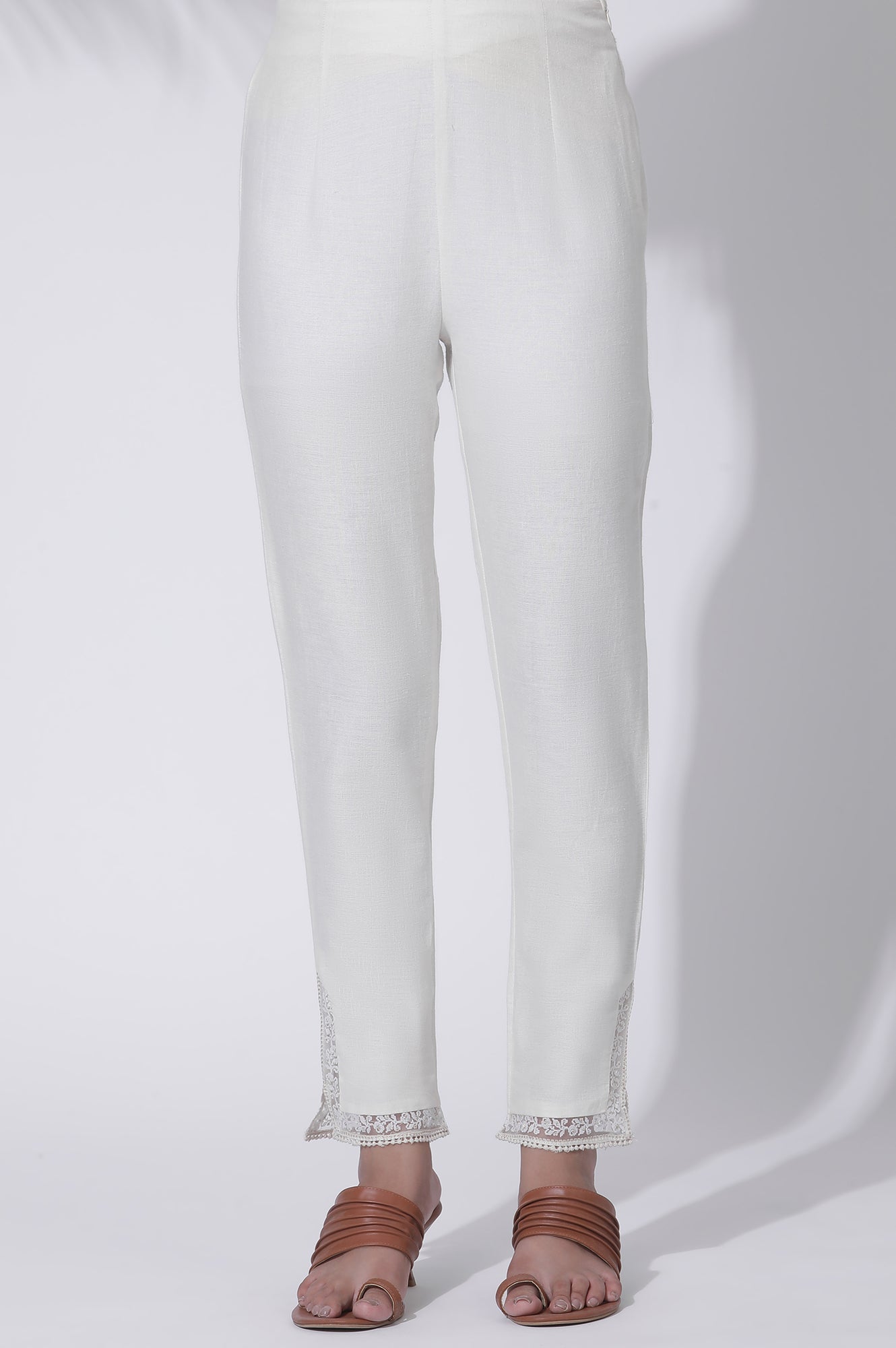 W for Woman Ecru Thread Embroidery Rayon A-line Kurta and Slim Pant Set