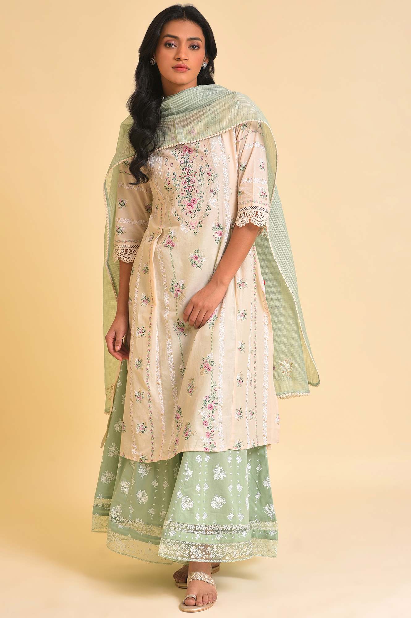W for Woman Green Printed Festive Culottes