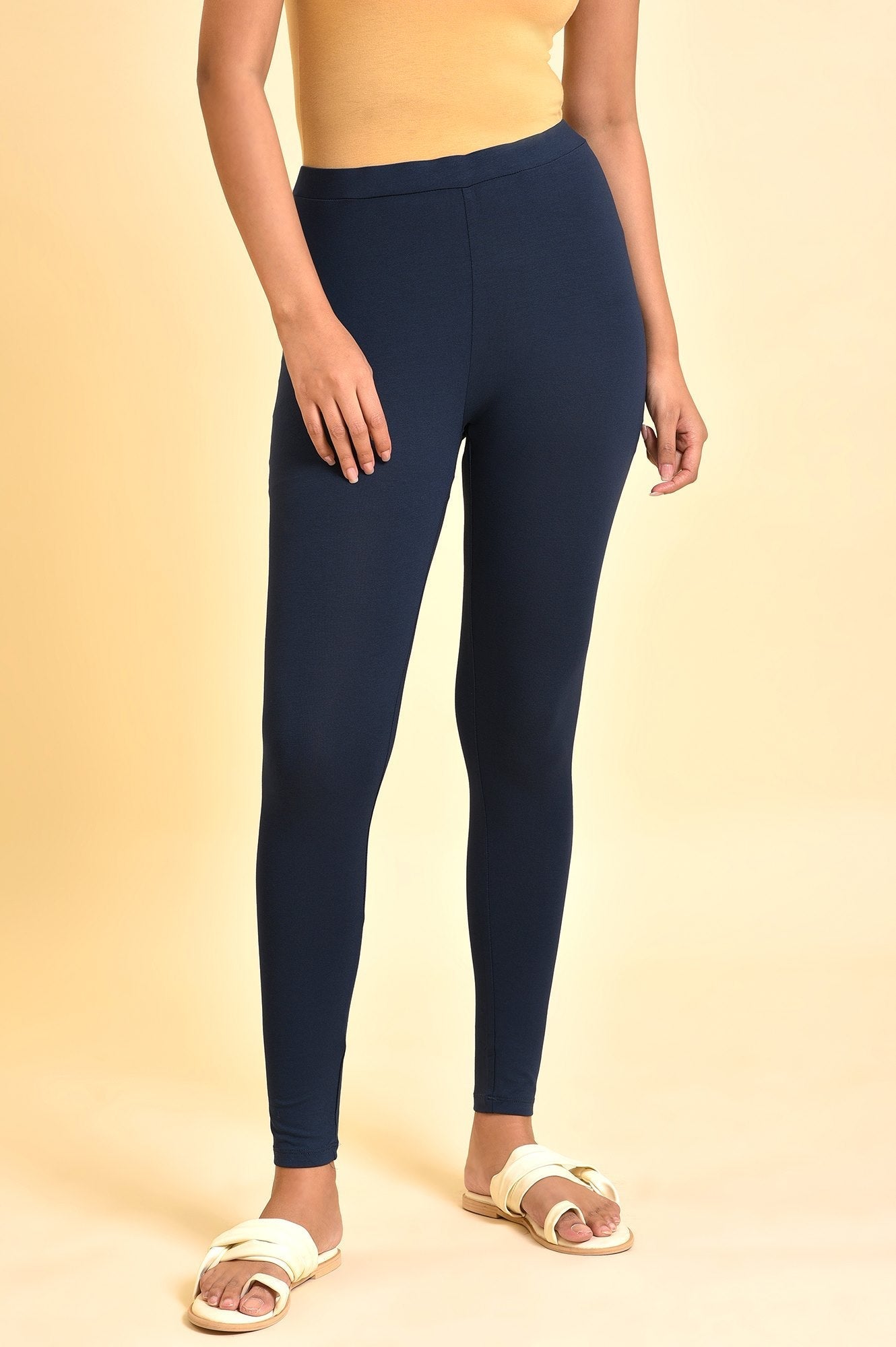 W for Woman Blue Solid Viscose Lycra Tights