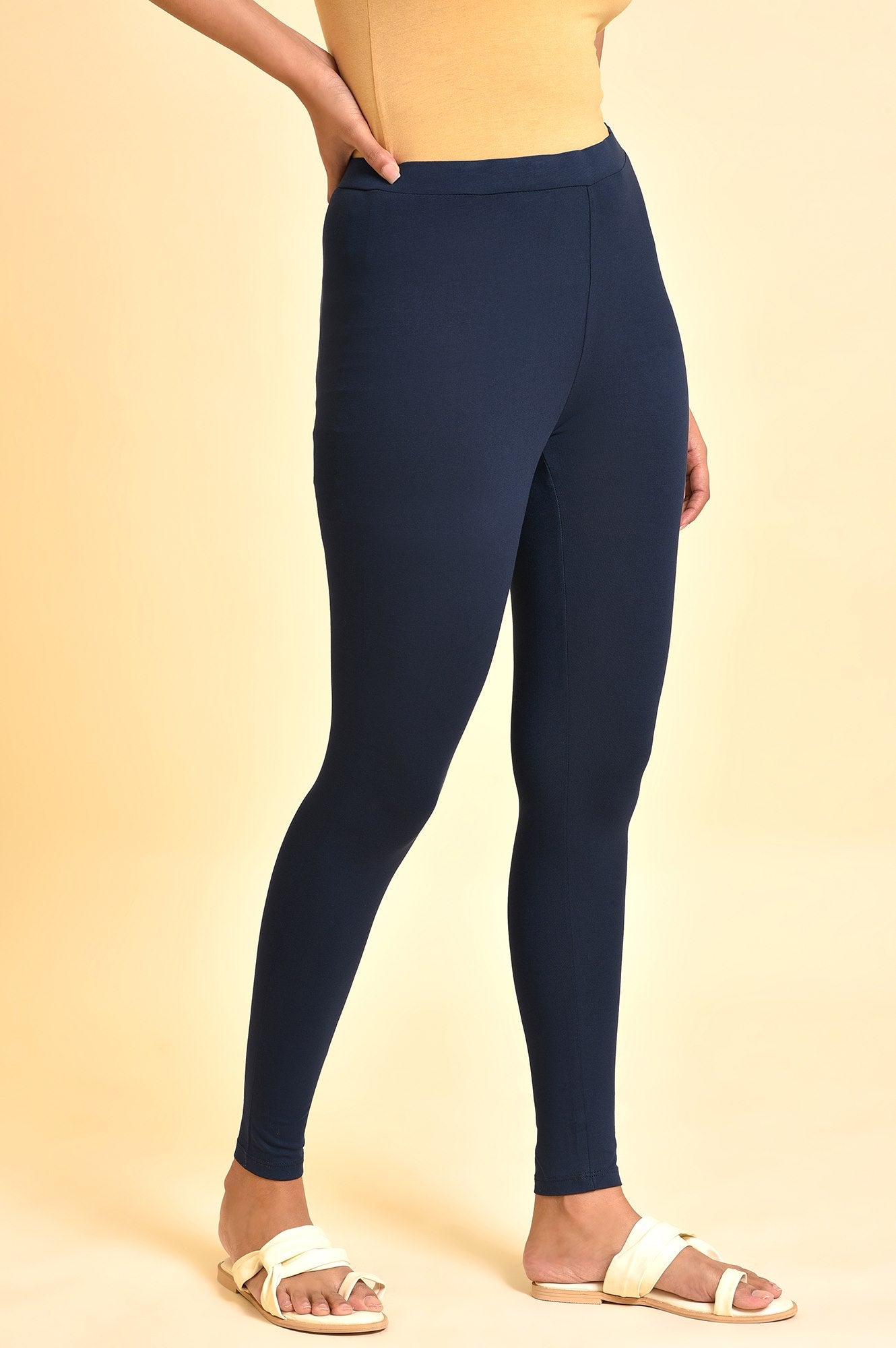 W for Woman Blue Solid Viscose Lycra Tights