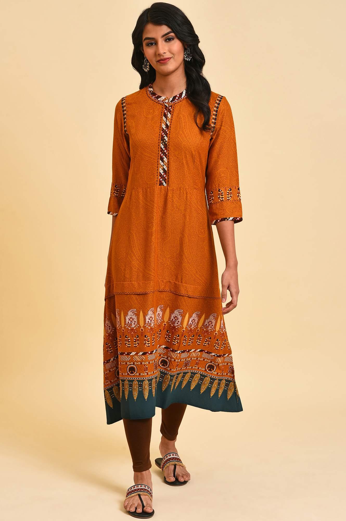 W for Woman Mustard Printed A-Line Dress Set