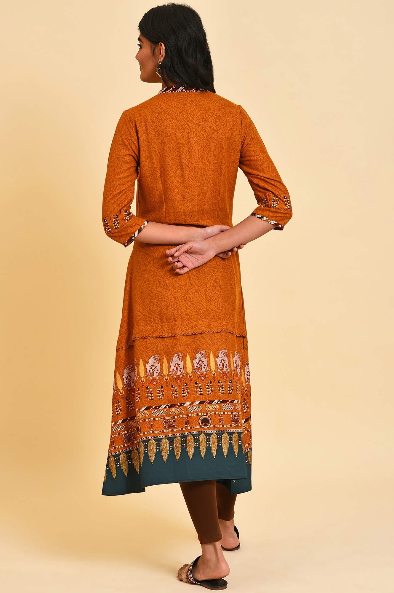 W for Woman Mustard Printed A-Line Dress Set