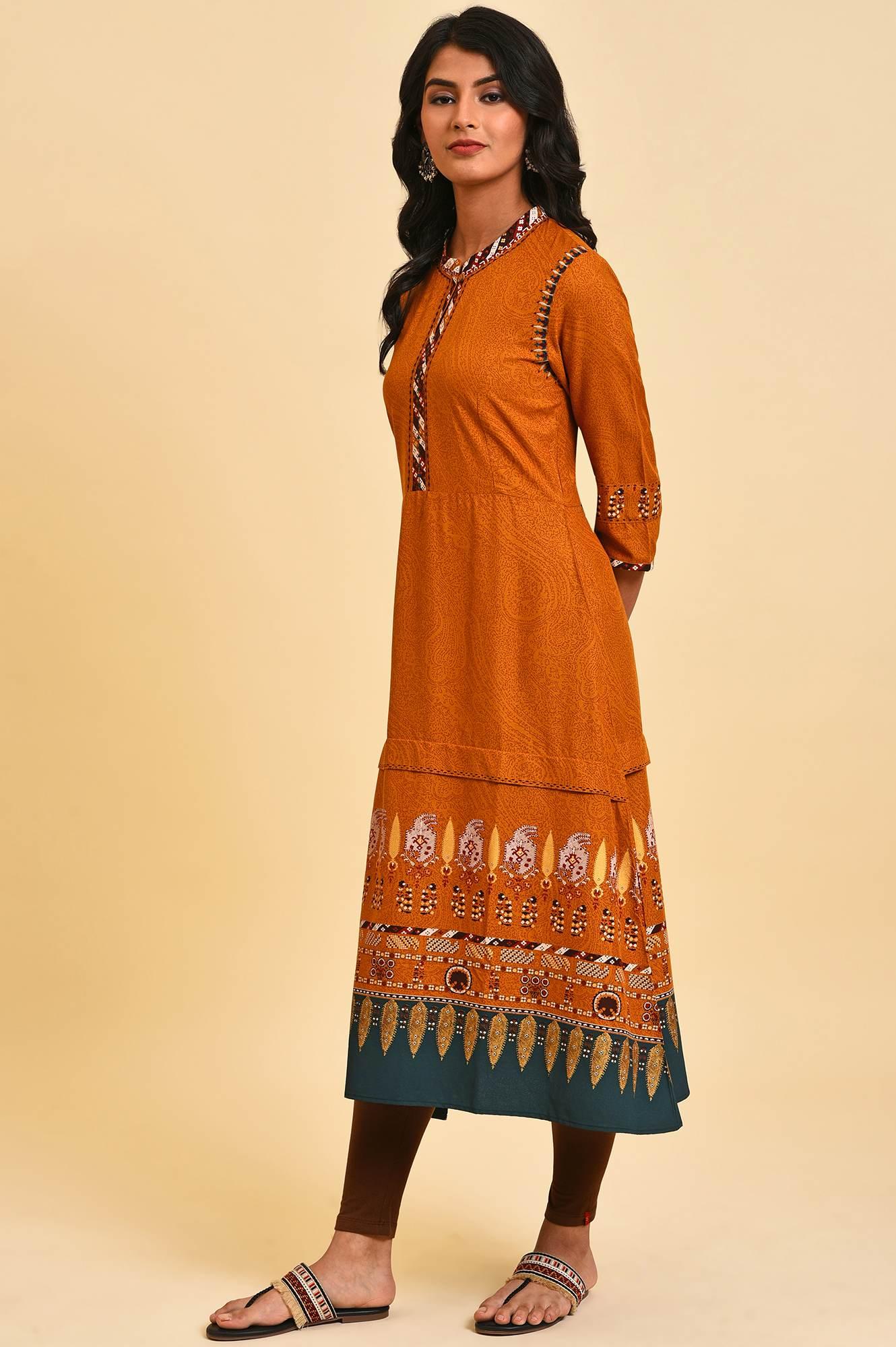 W for Woman Mustard Printed A-Line Dress Set