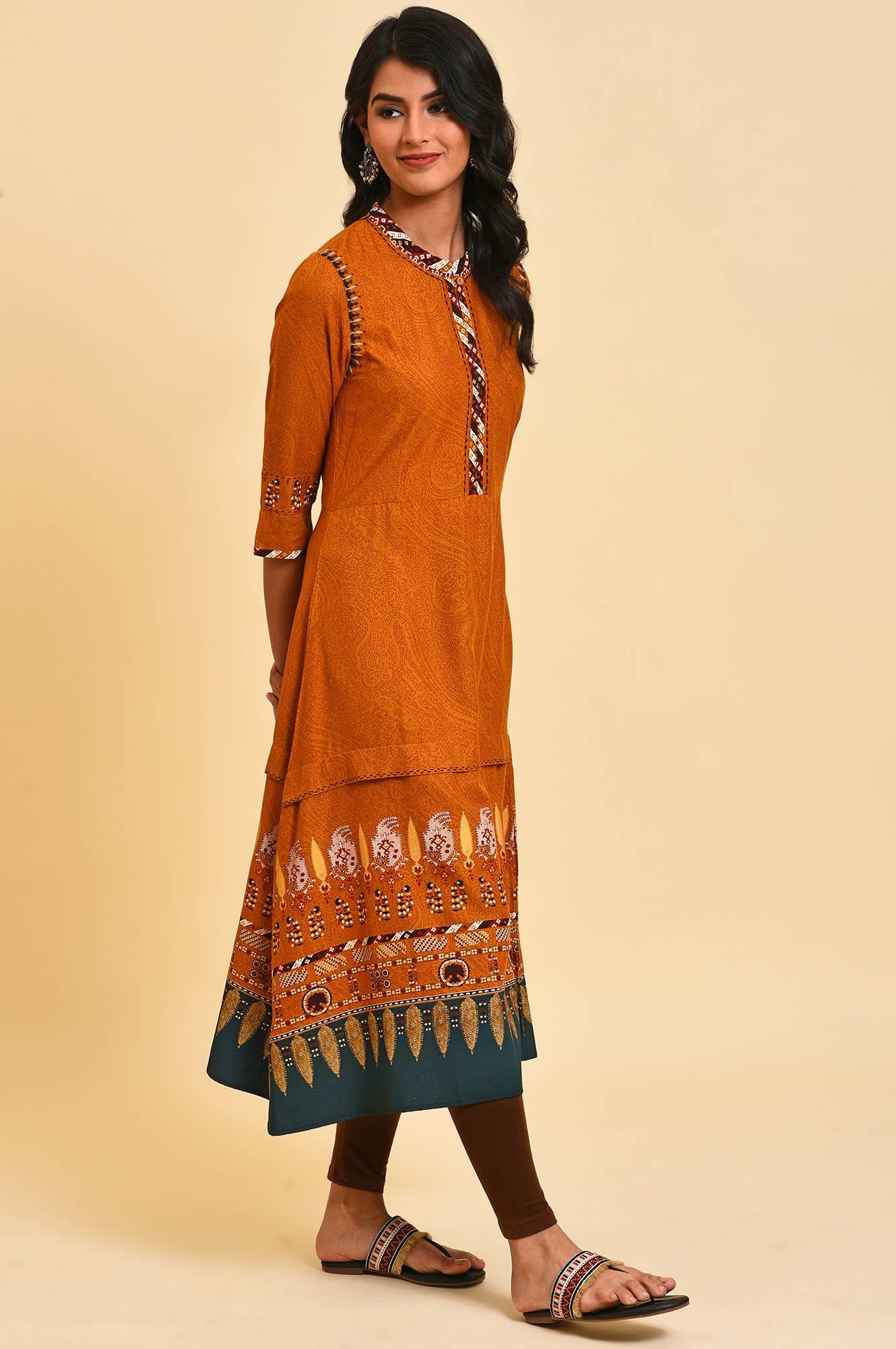 W for Woman Mustard Printed A-Line Dress Set