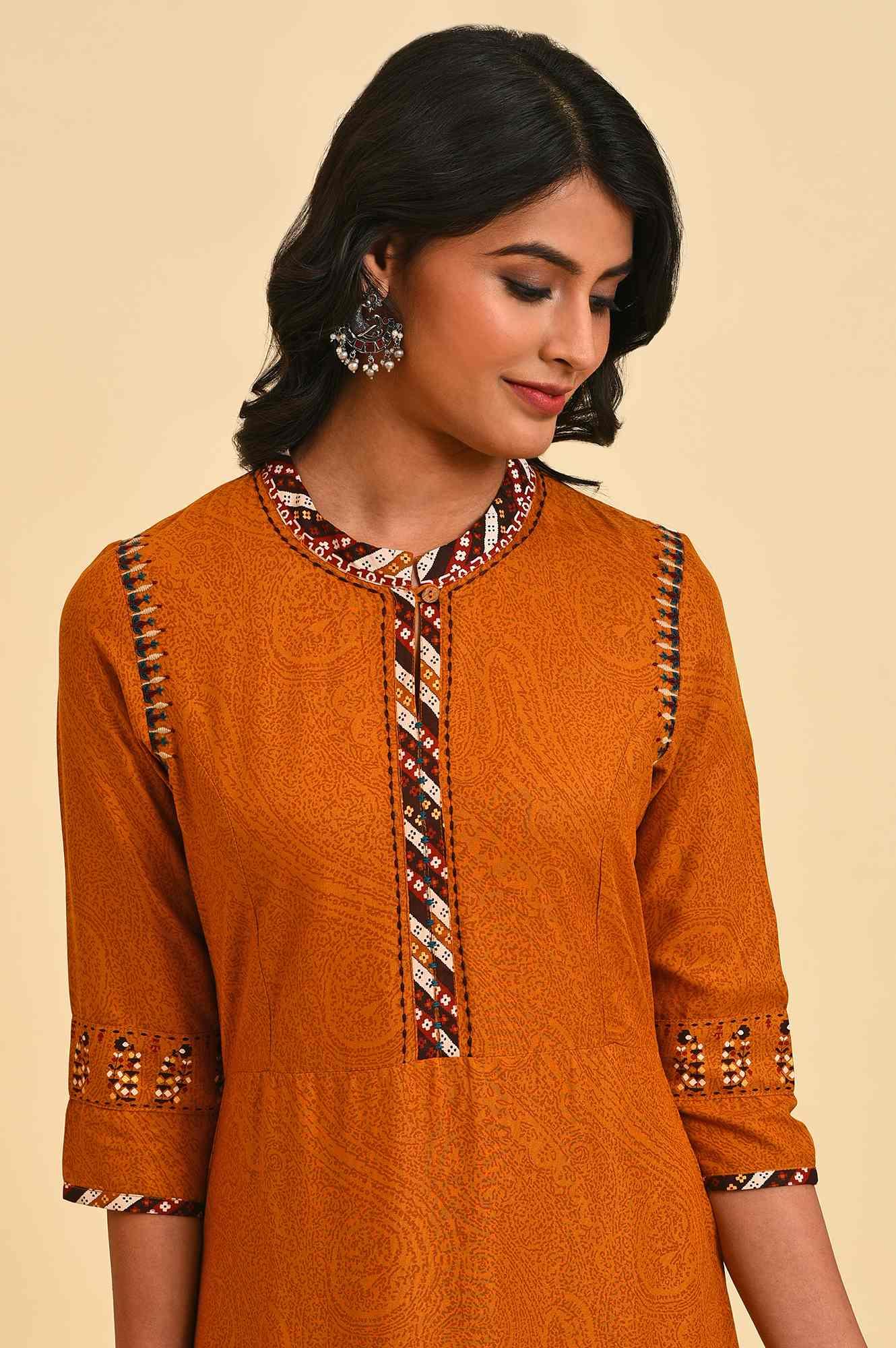 W for Woman Mustard Printed A-Line Dress Set