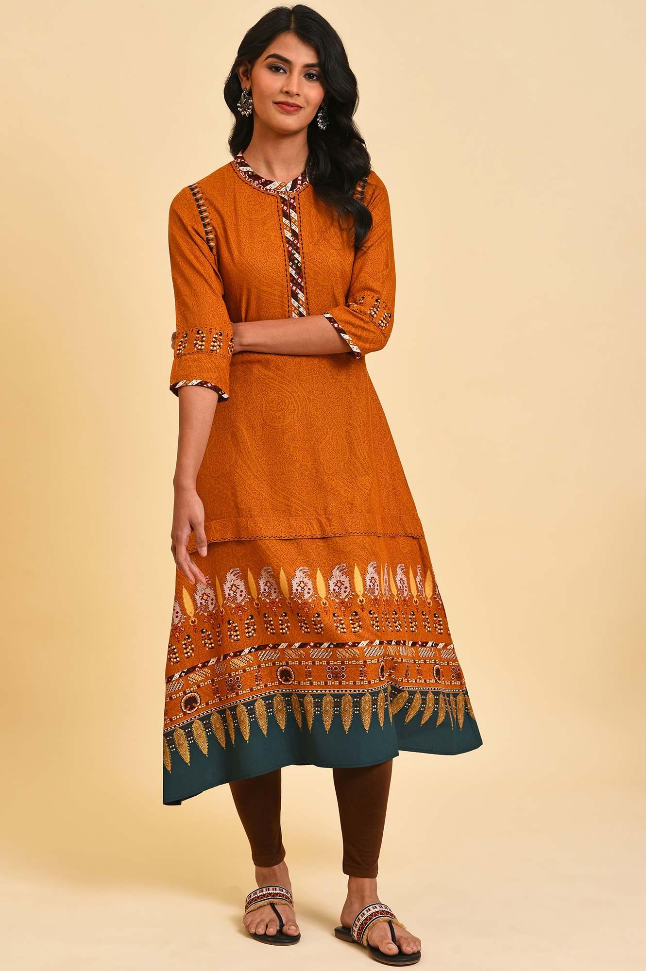 W for Woman Mustard Printed A-Line Dress Set