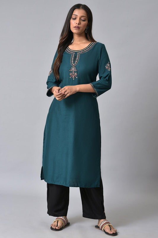 W for Woman Teal Embroidered Round Neck kurta