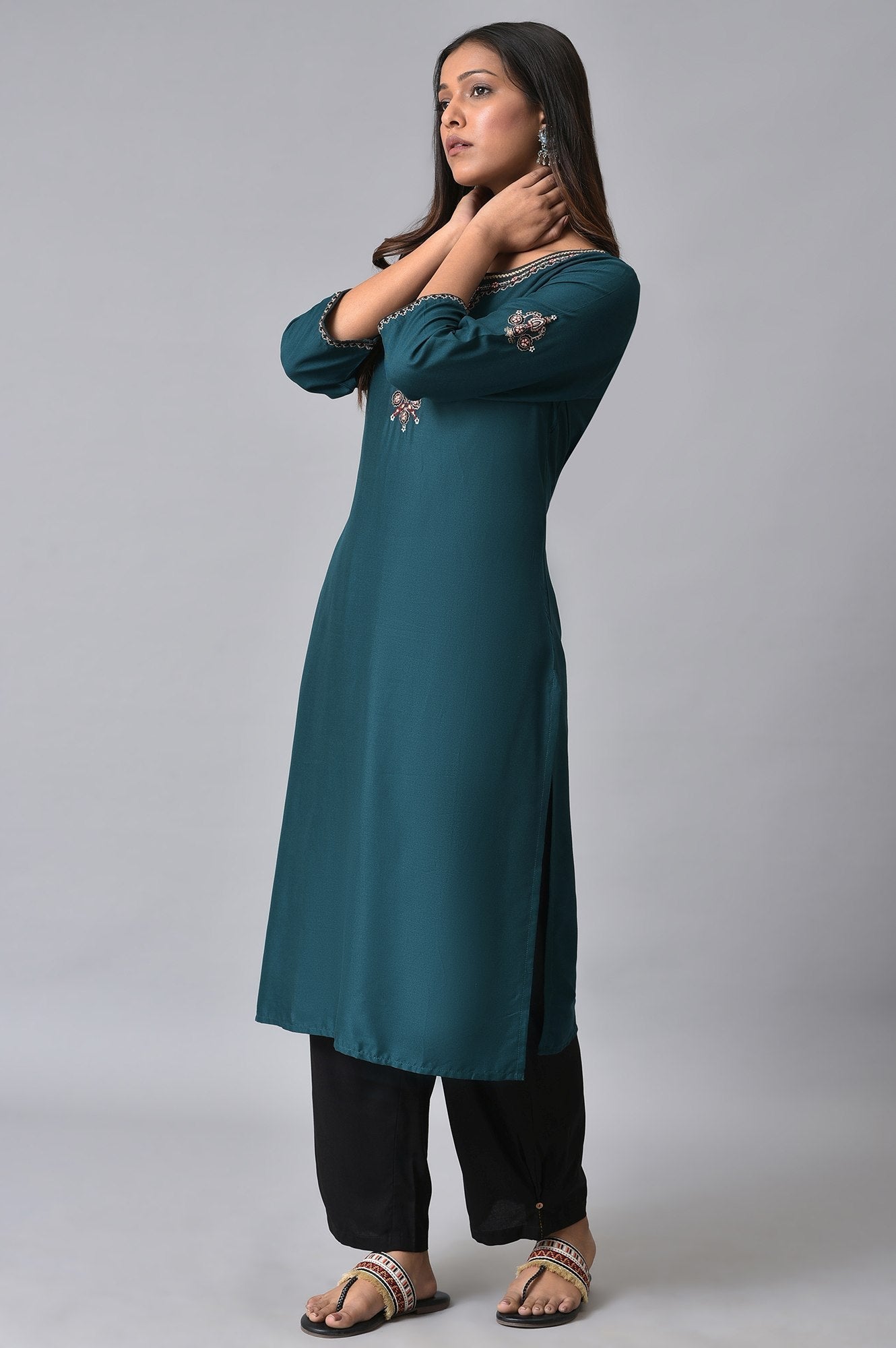 W for Woman Teal Embroidered kurta Set