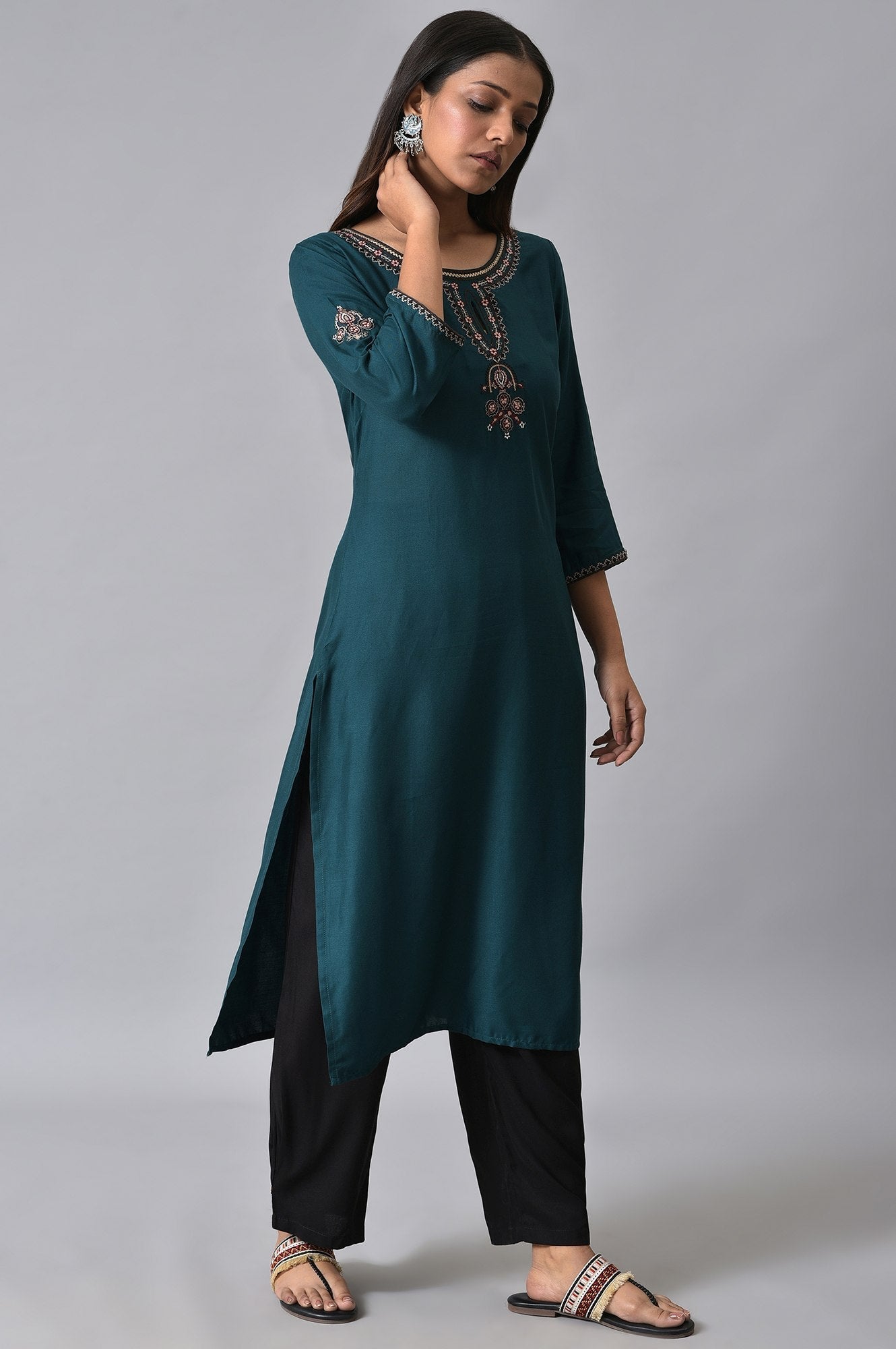 W for Woman Teal Embroidered kurta Set