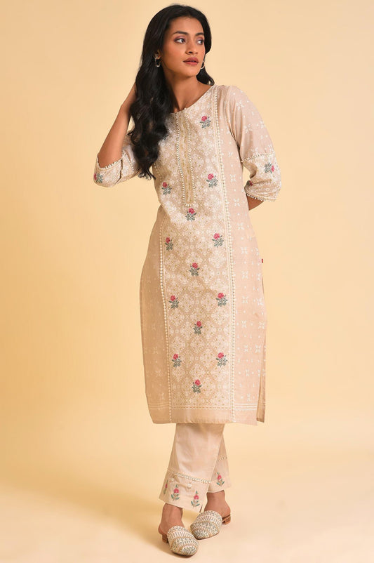 W for Woman Beige Glitter Printed kurta & Pants Set